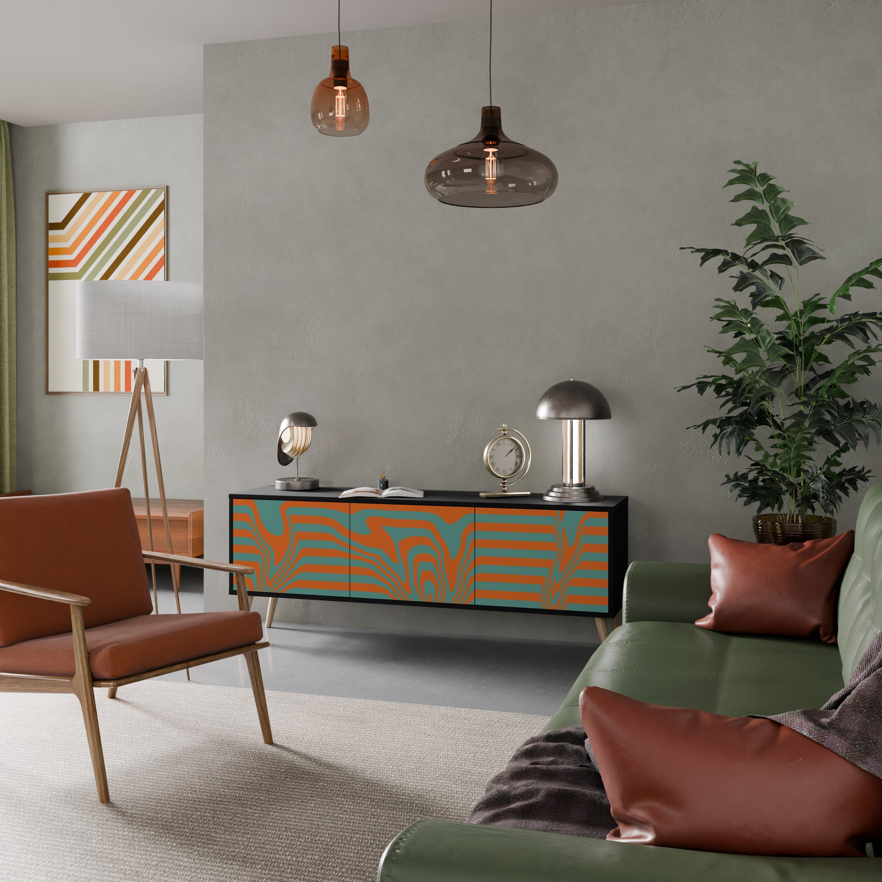 LINE COLLAPSE 3-Door TV Stand in Black Finish