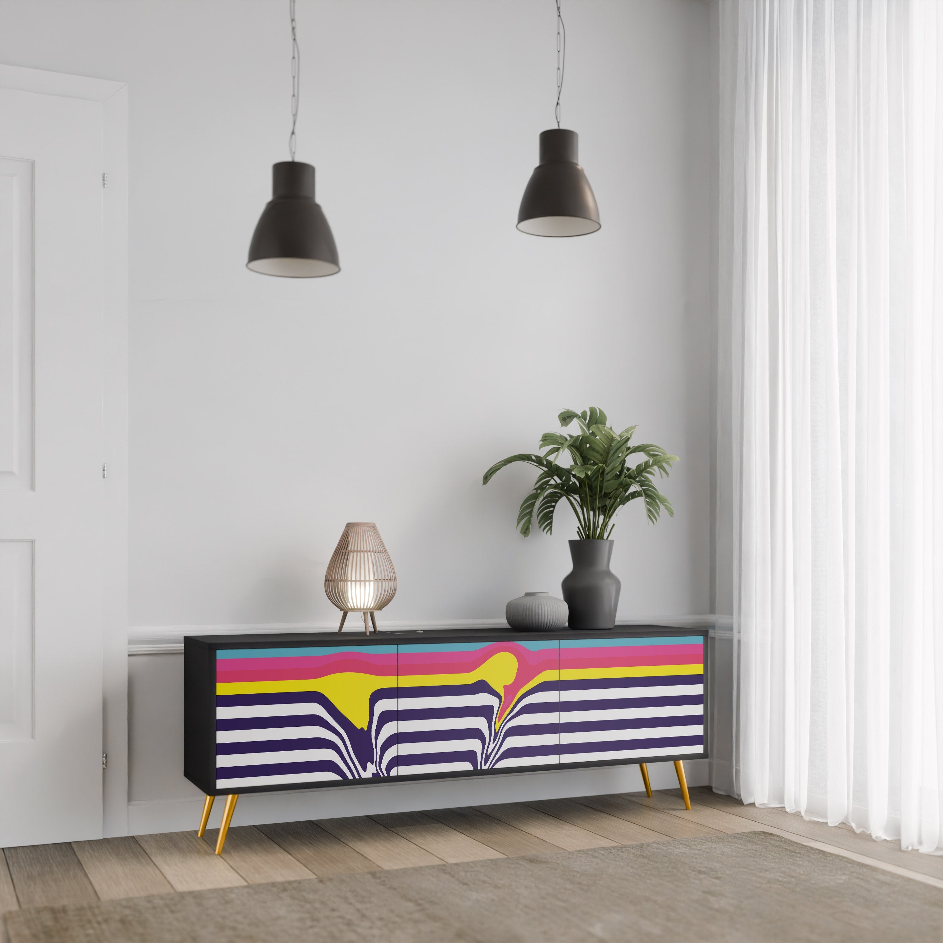 COLORFUL DIVERSION 3-Door TV Stand in Black Finish