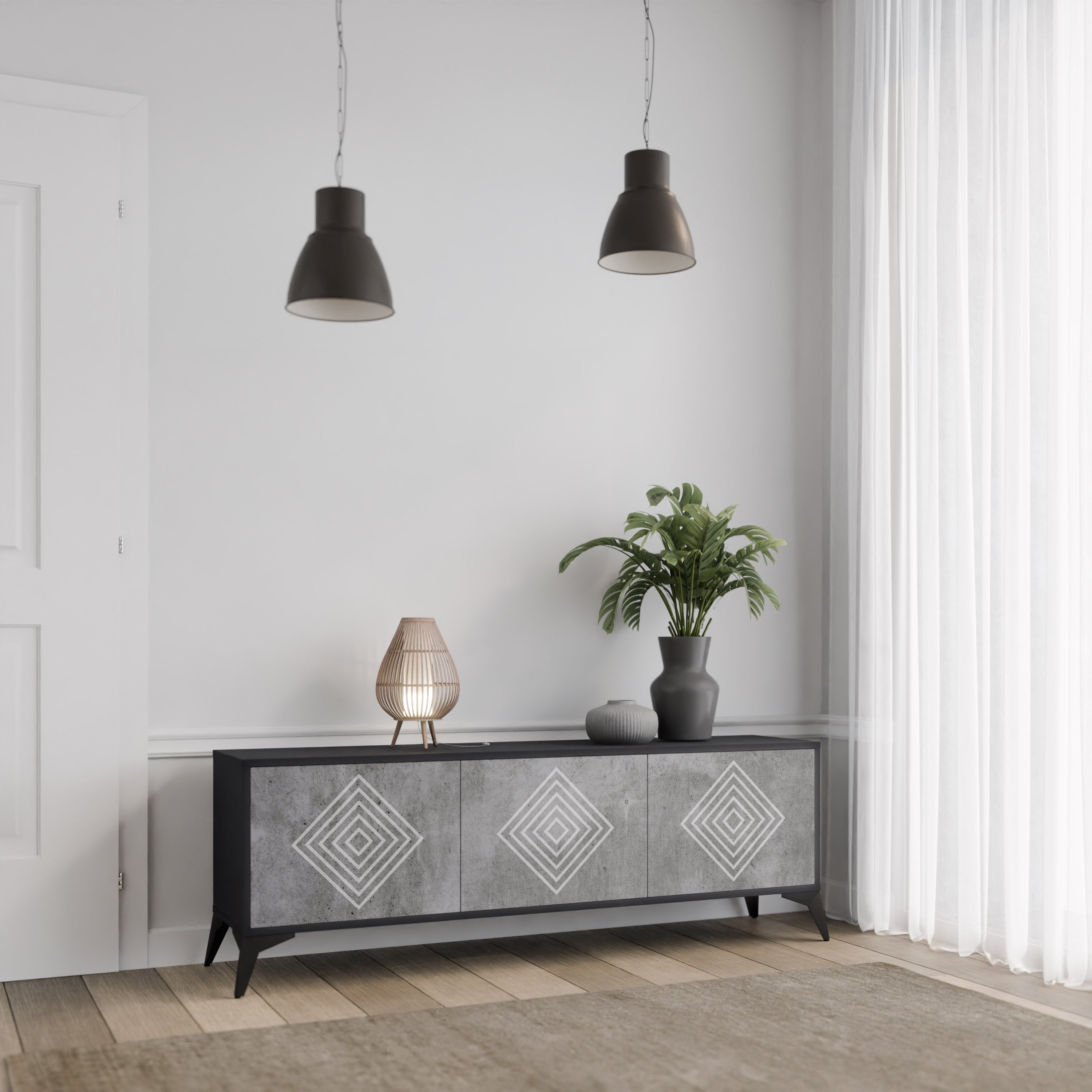 POLYGONAL ARTISTRY 3-Door TV Stand in Black Finish