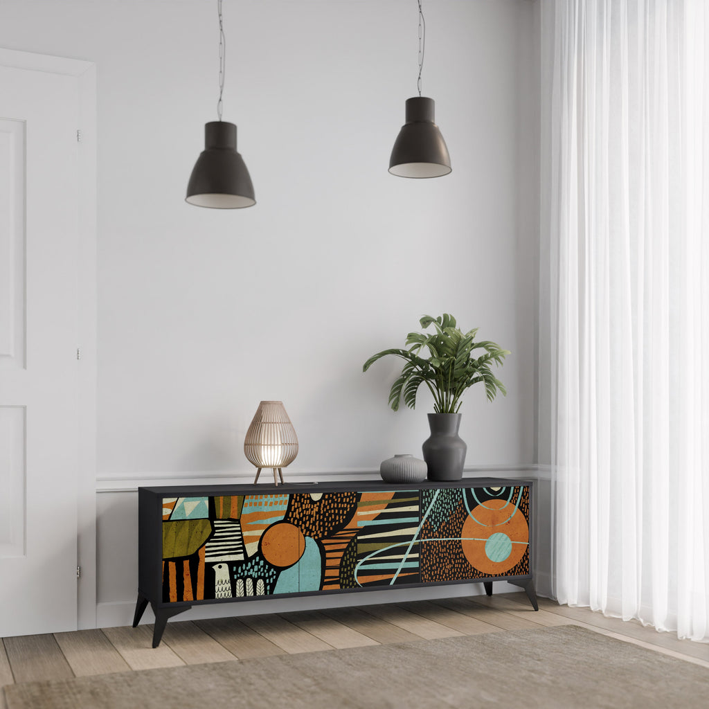 GEODE GLIMMER 3-Door TV Stand in Black Finish