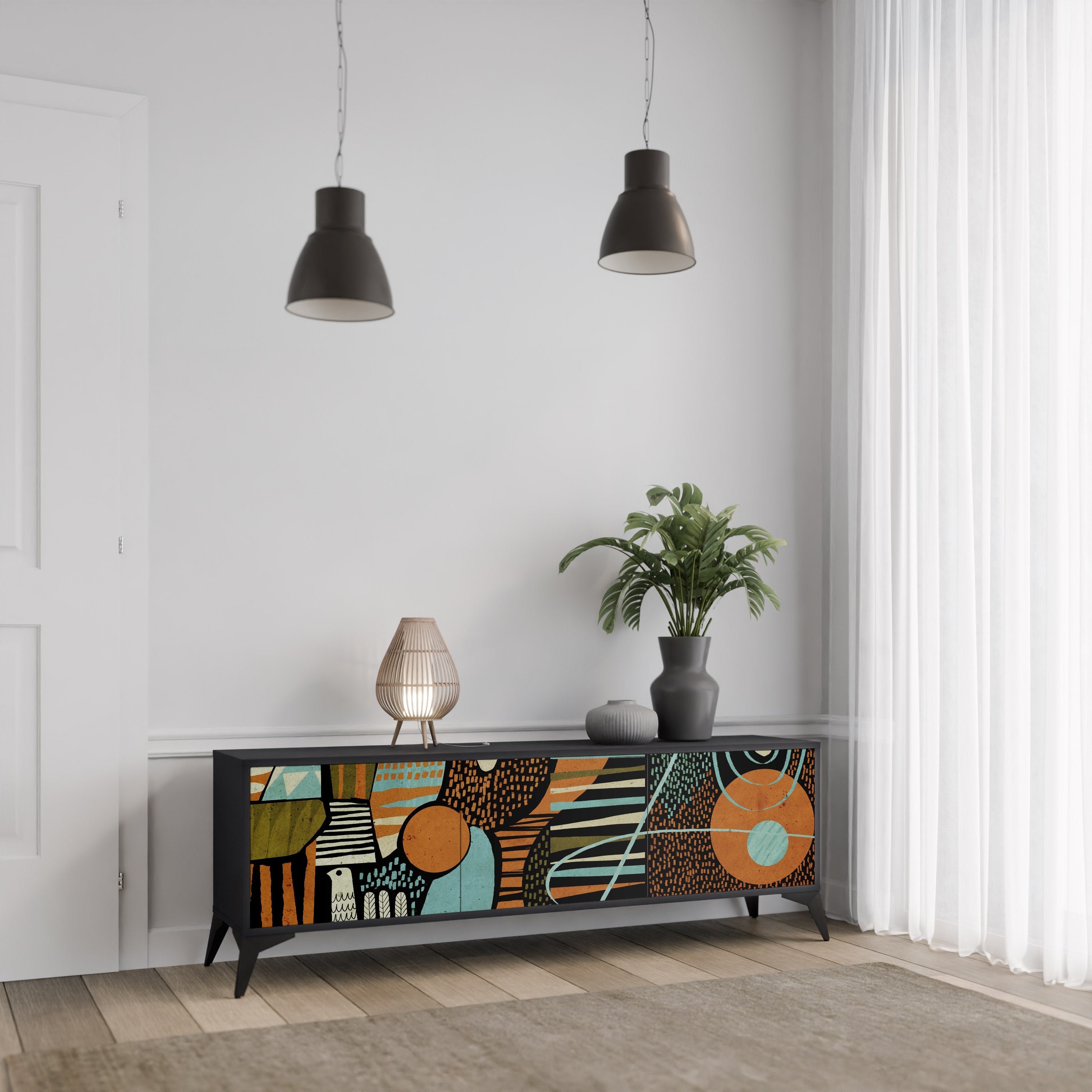 GEODE GLIMMER 3-Door TV Stand in Black Finish