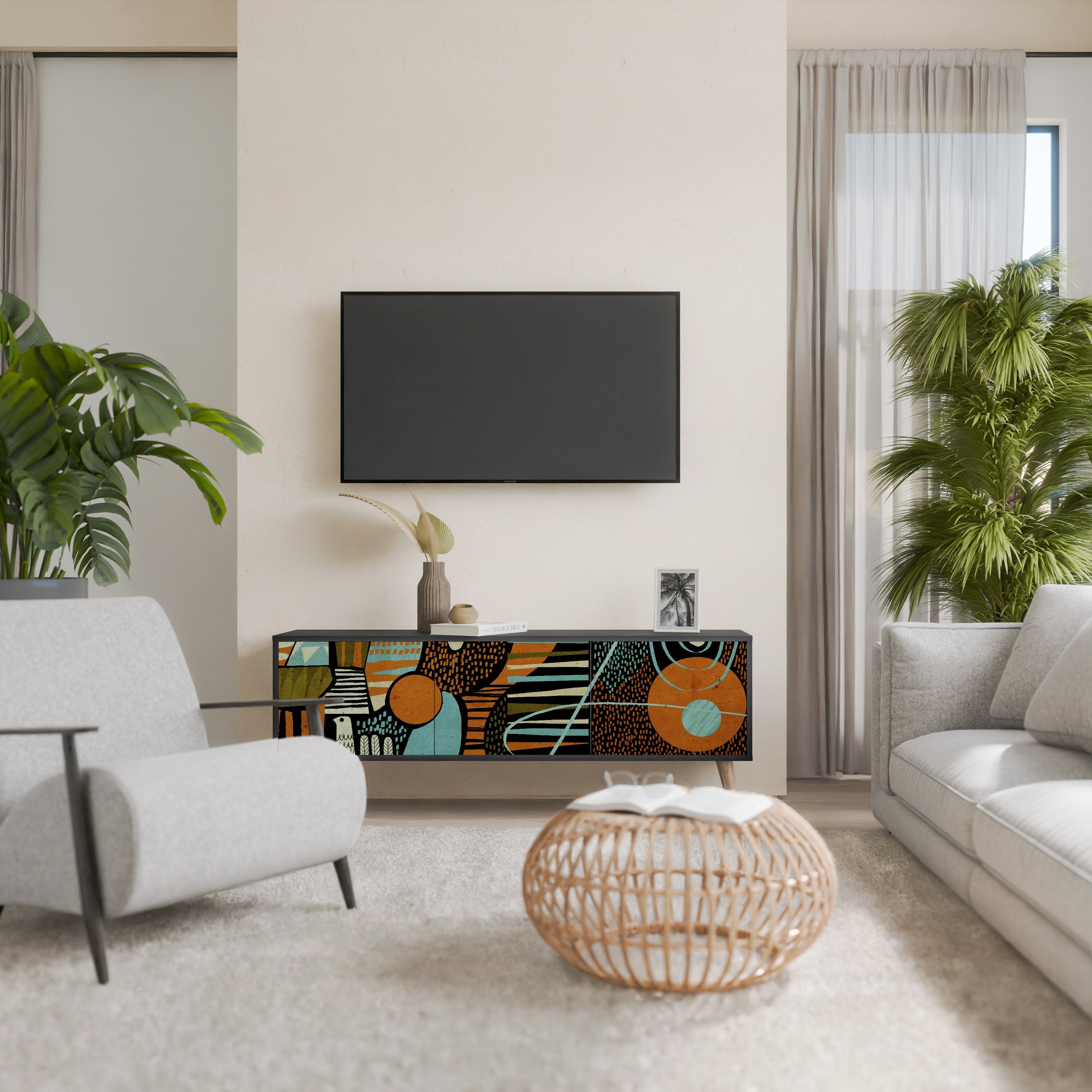 GEODE GLIMMER 3-Door TV Stand in Black Finish