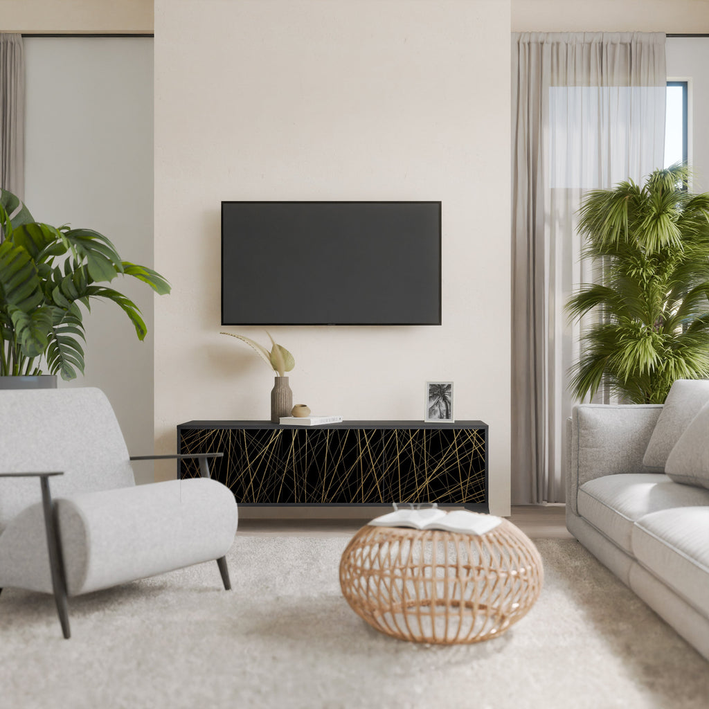 BRIGHT MESH 3-Door TV Stand in Black Finish