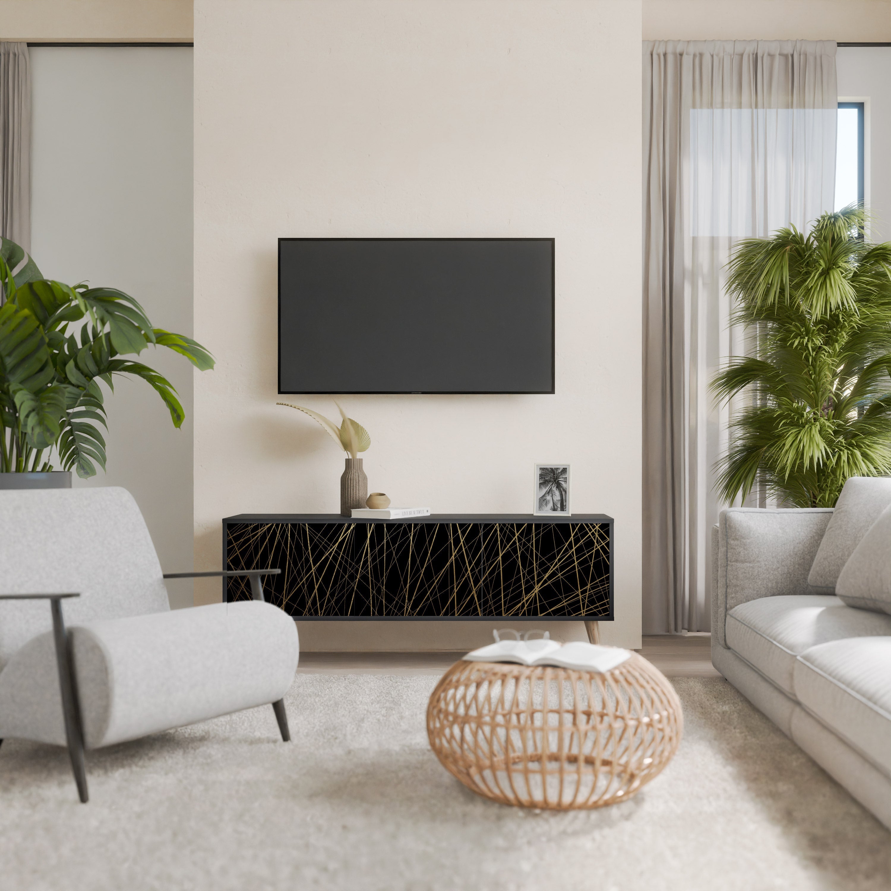 BRIGHT MESH 3-Door TV Stand in Black Finish