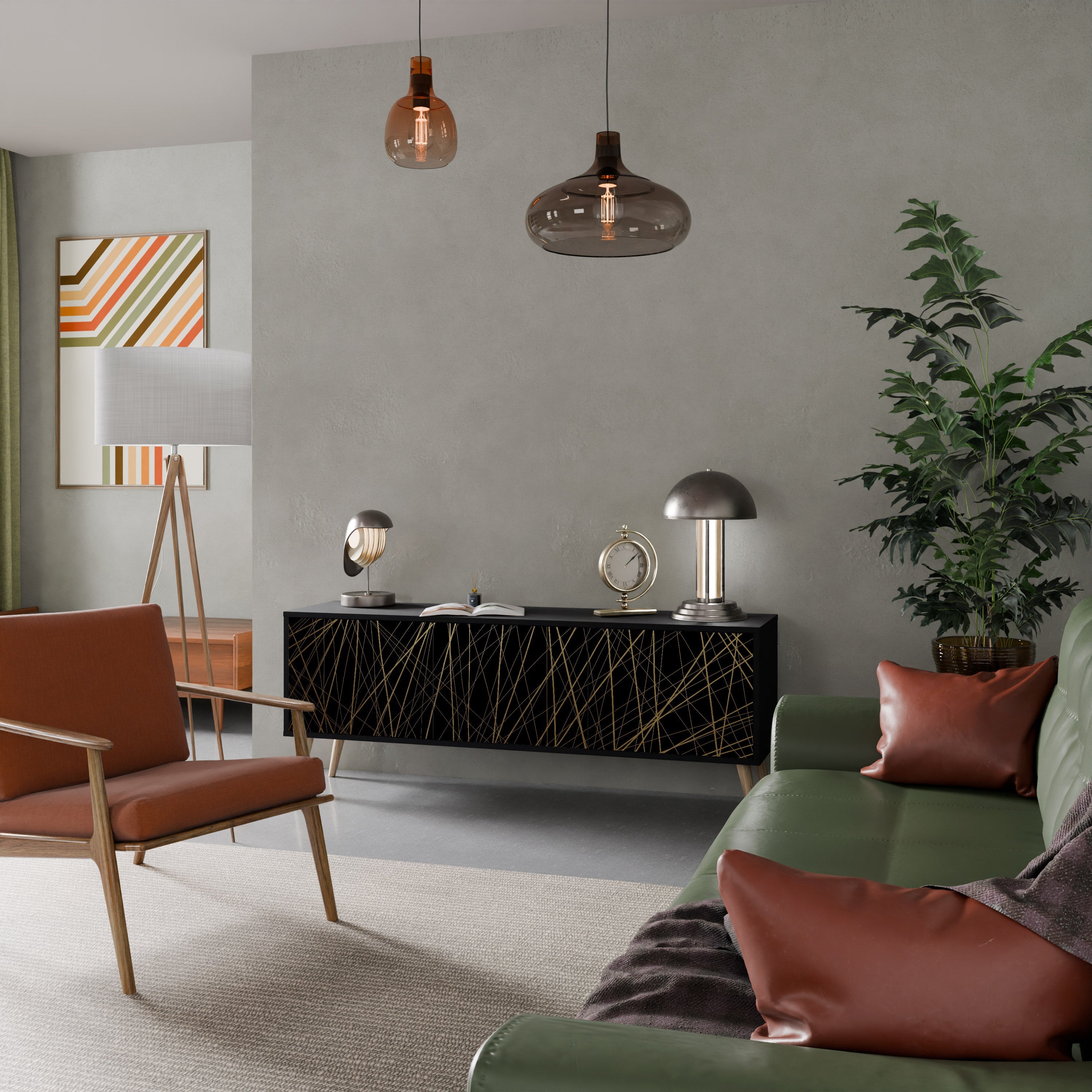 BRIGHT MESH 3-Door TV Stand in Black Finish