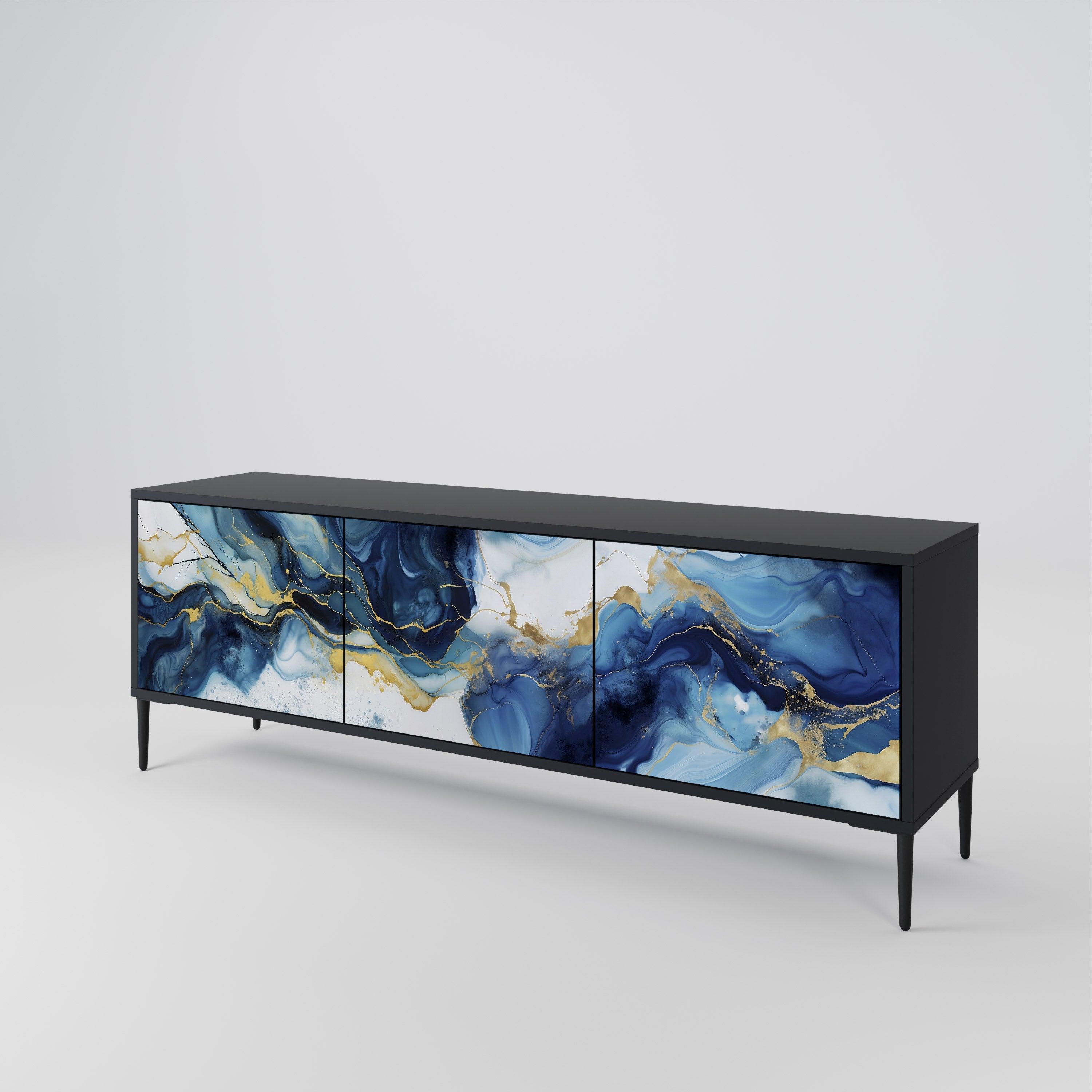 INKY MARBLE 3-Door TV Stand in Black Finish