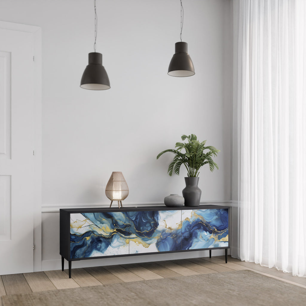 INKY MARBLE 3-Door TV Stand in Black Finish