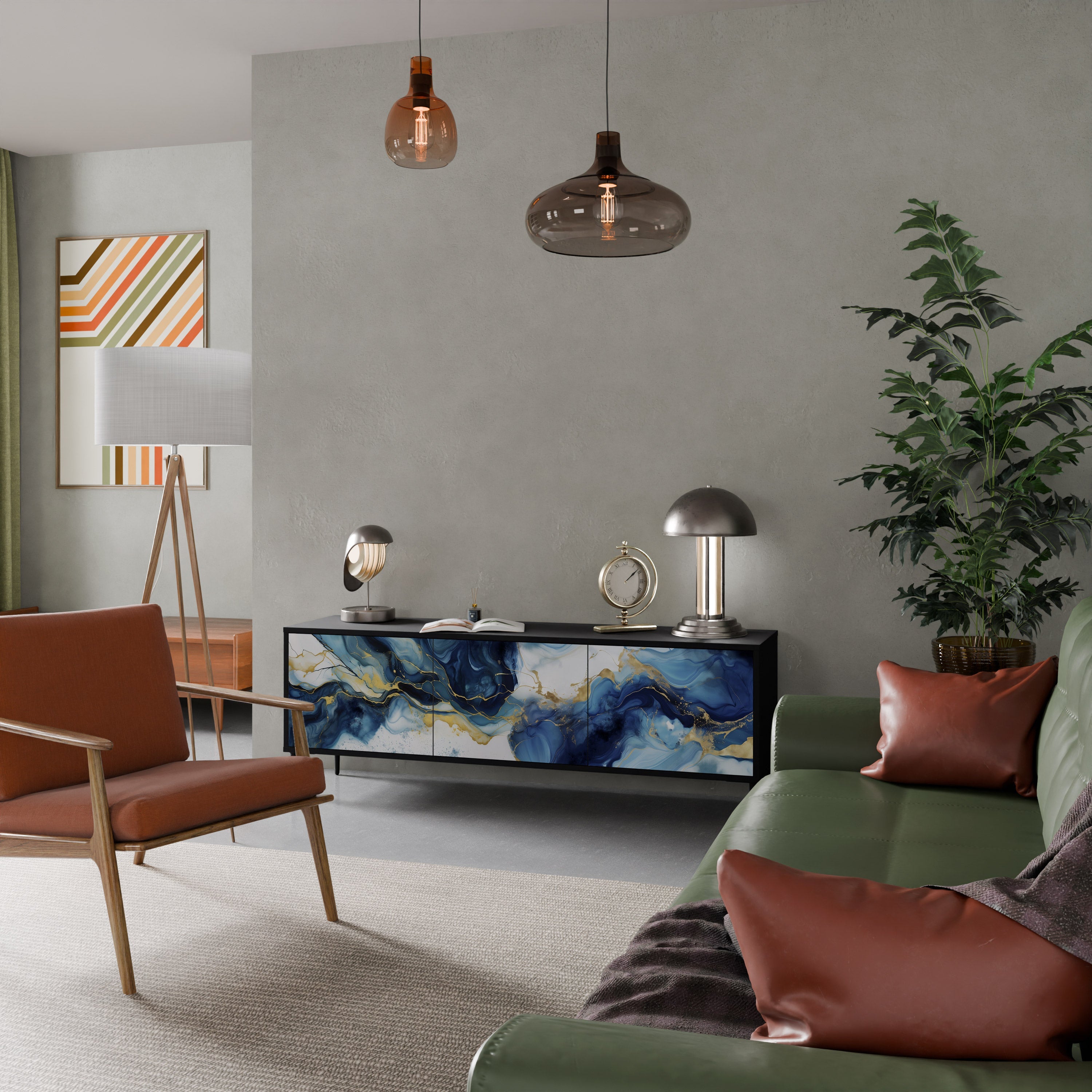 INKY MARBLE 3-Door TV Stand in Black Finish