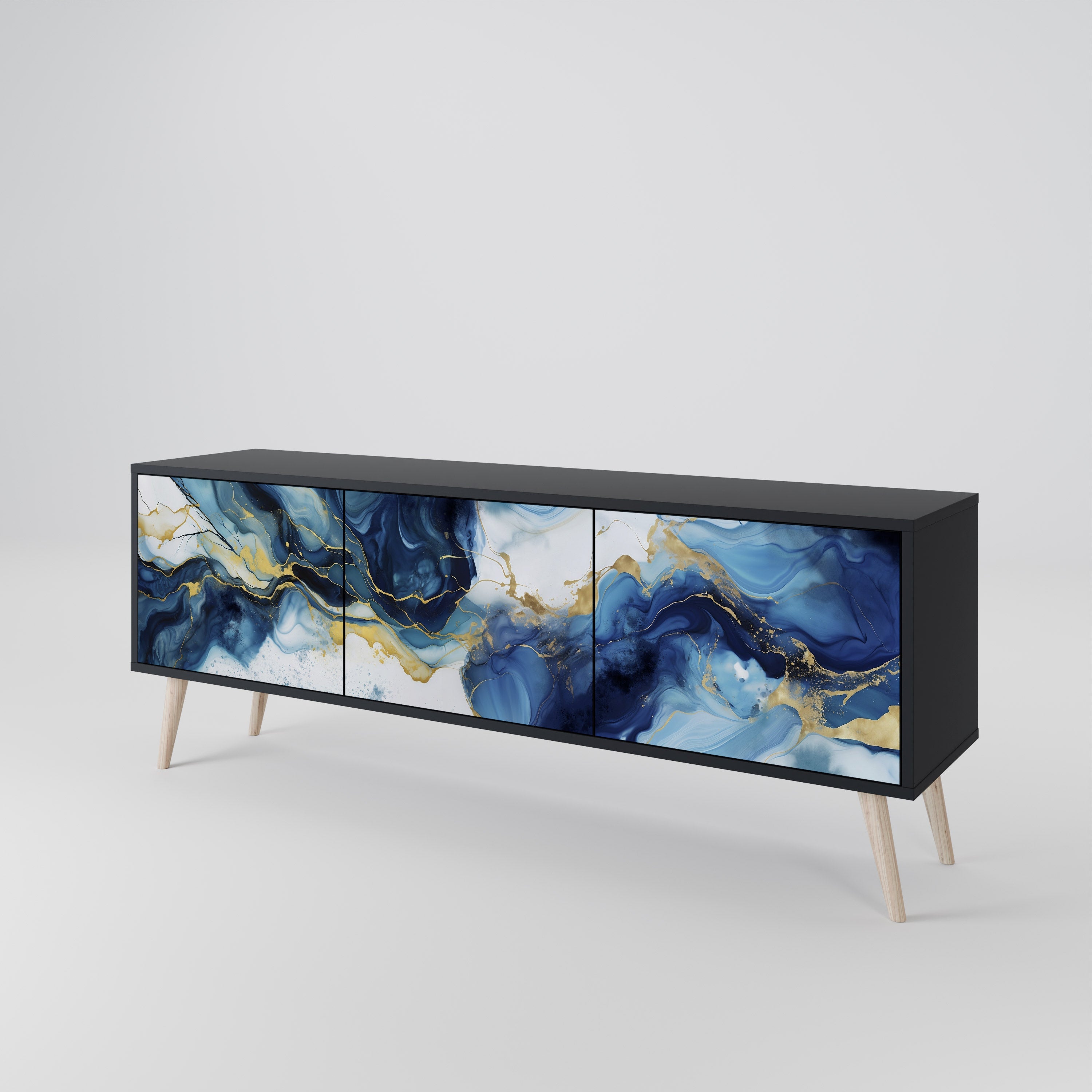 INKY MARBLE 3-Door TV Stand in Black Finish