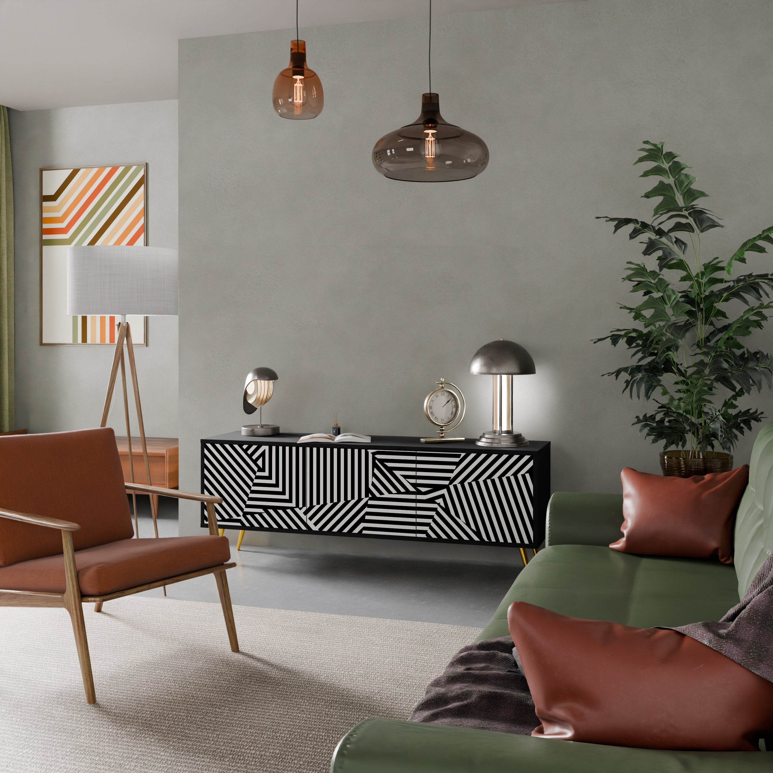 ILLUSIONARY LATTICE 3-Door TV Stand in Black Finish