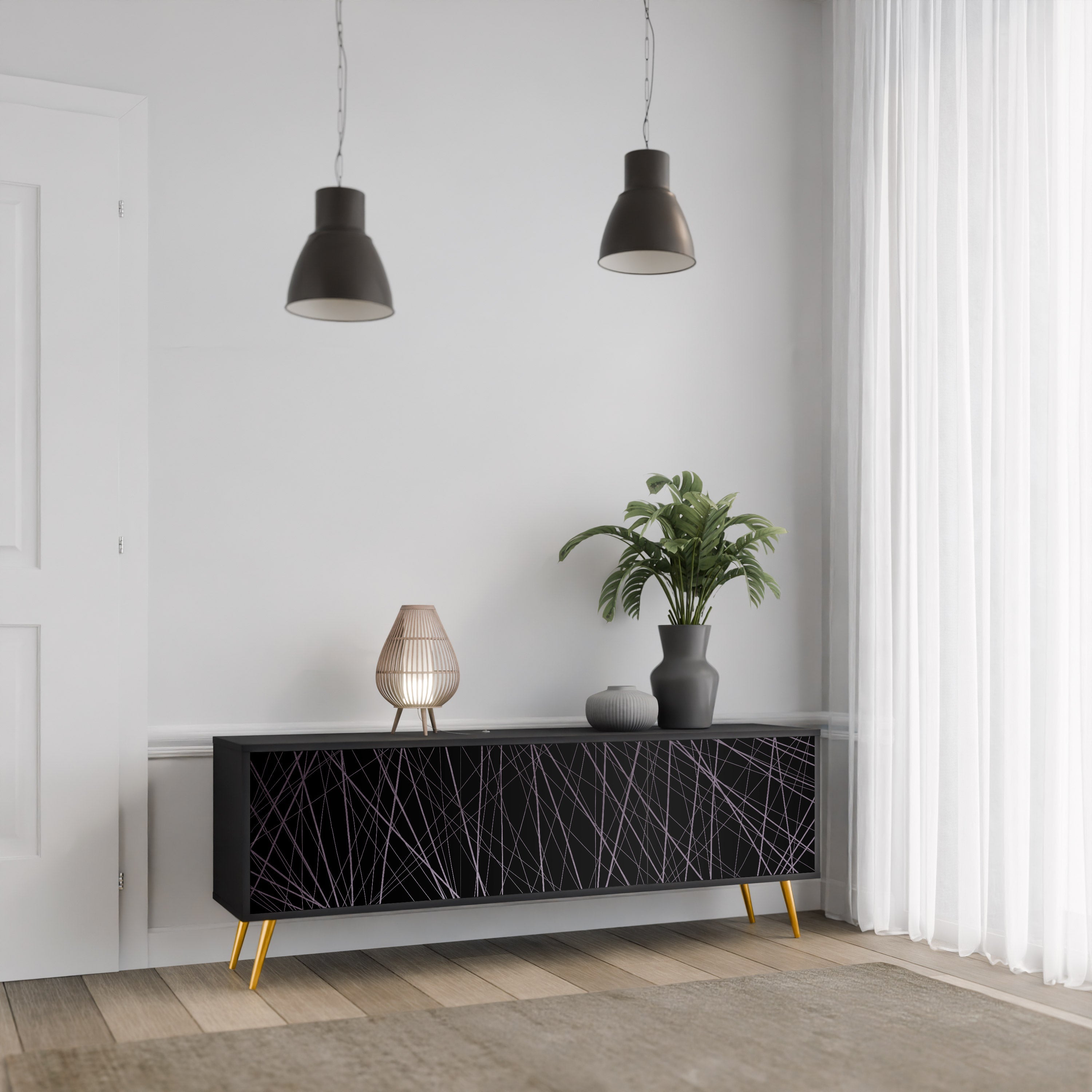 SHIMMER SPIDERGRAM 3-Door TV Stand in Black Finish