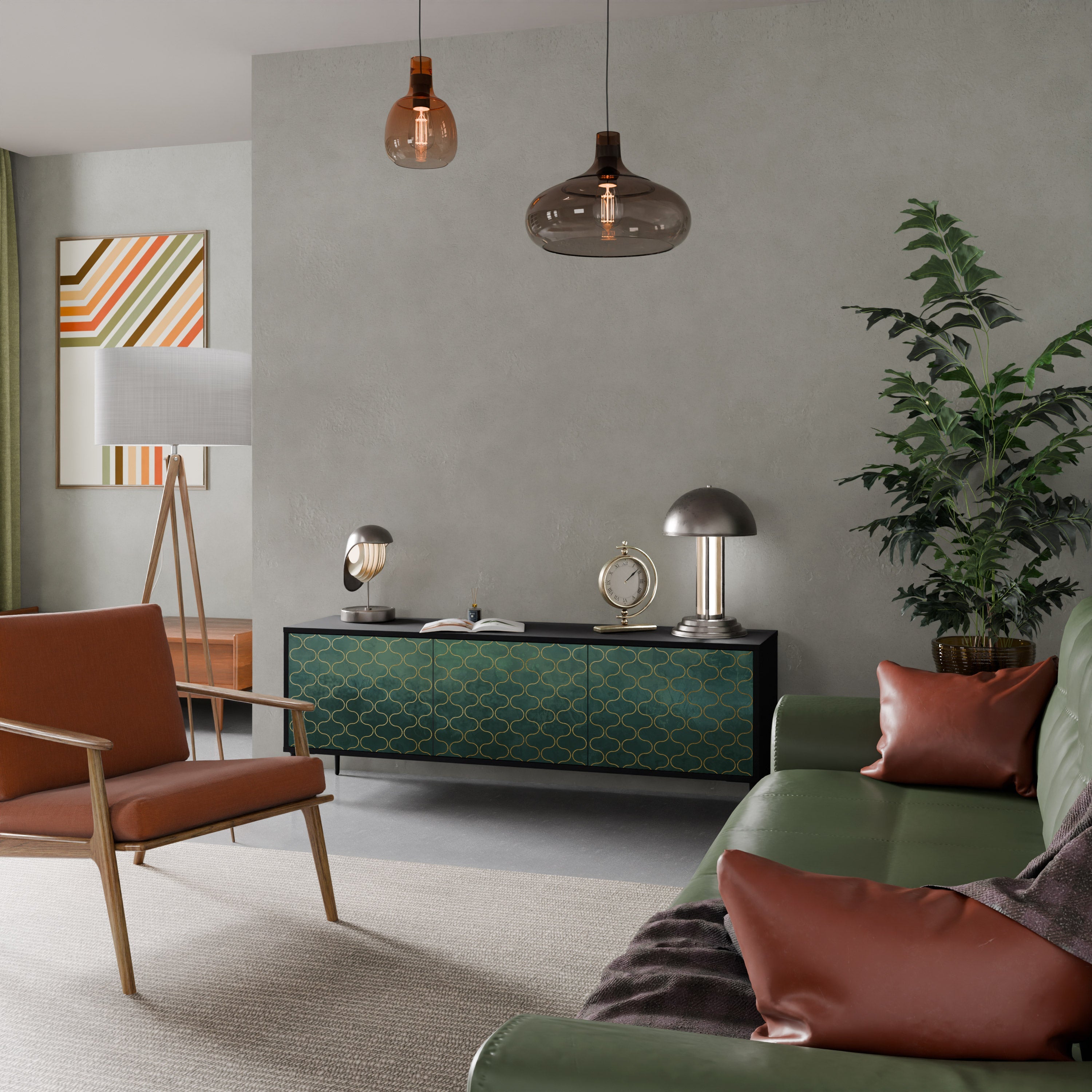 TESSELATED GREENERY 3-Door TV Stand in Black Finish