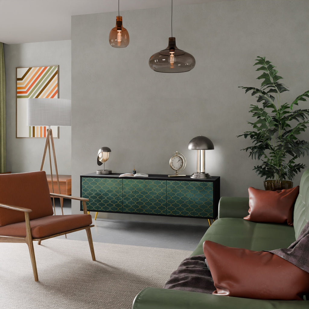 TESSELATED GREENERY 3-Door TV Stand in Black Finish