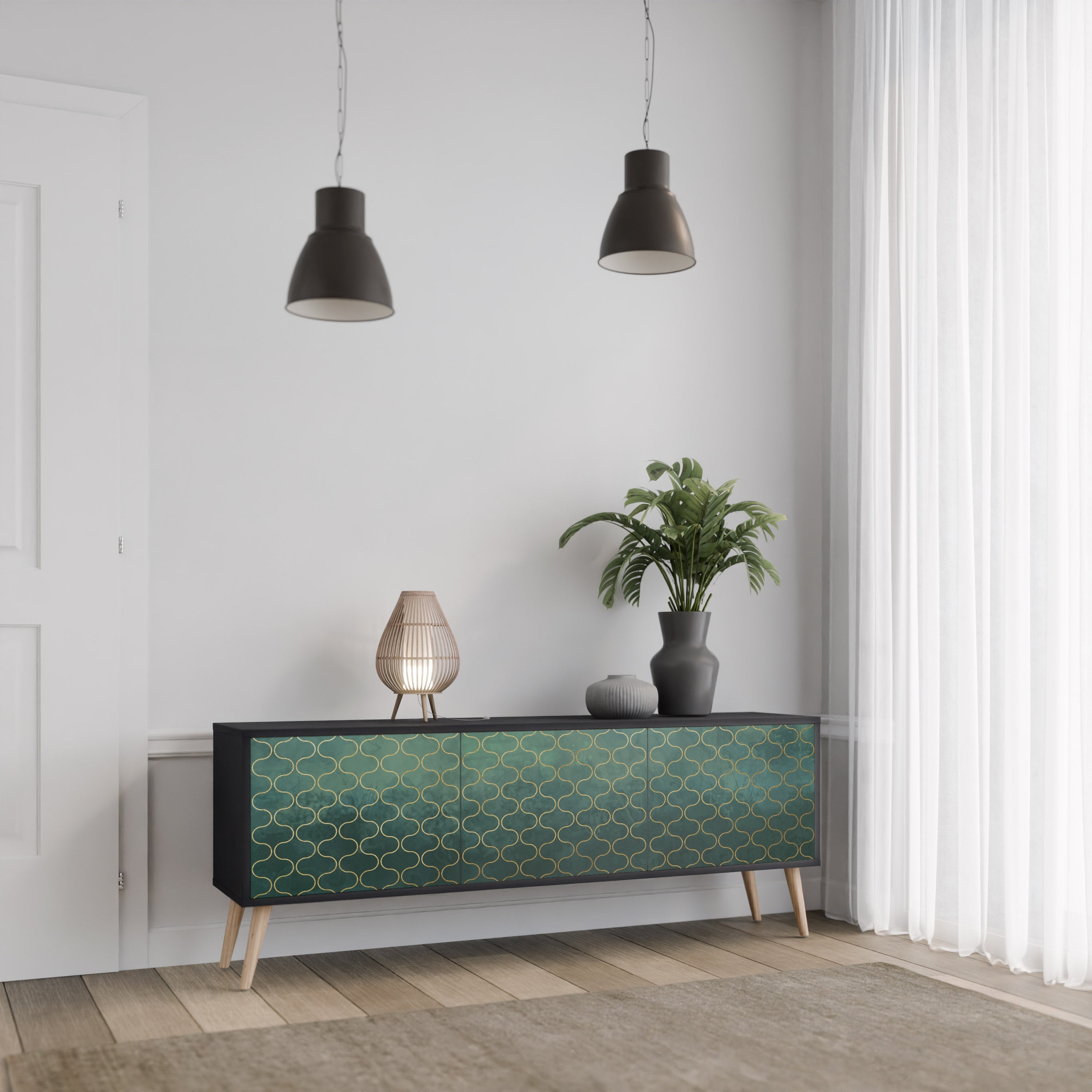 TESSELATED GREENERY 3-Door TV Stand in Black Finish