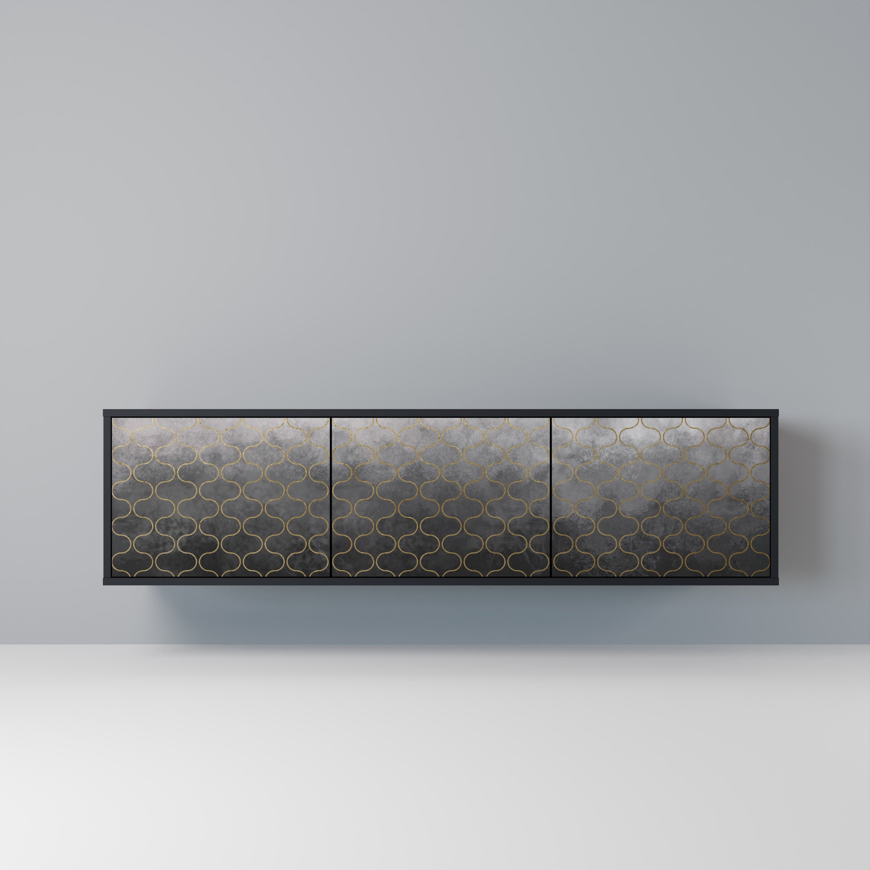 TESSELATED GRAYISH 3-Door TV Stand in Black Finish