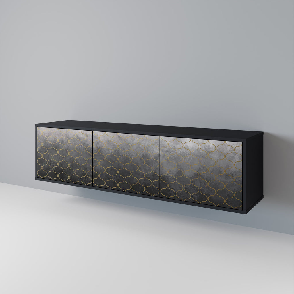 TESSELATED GRAYISH 3-Door TV Stand in Black Finish