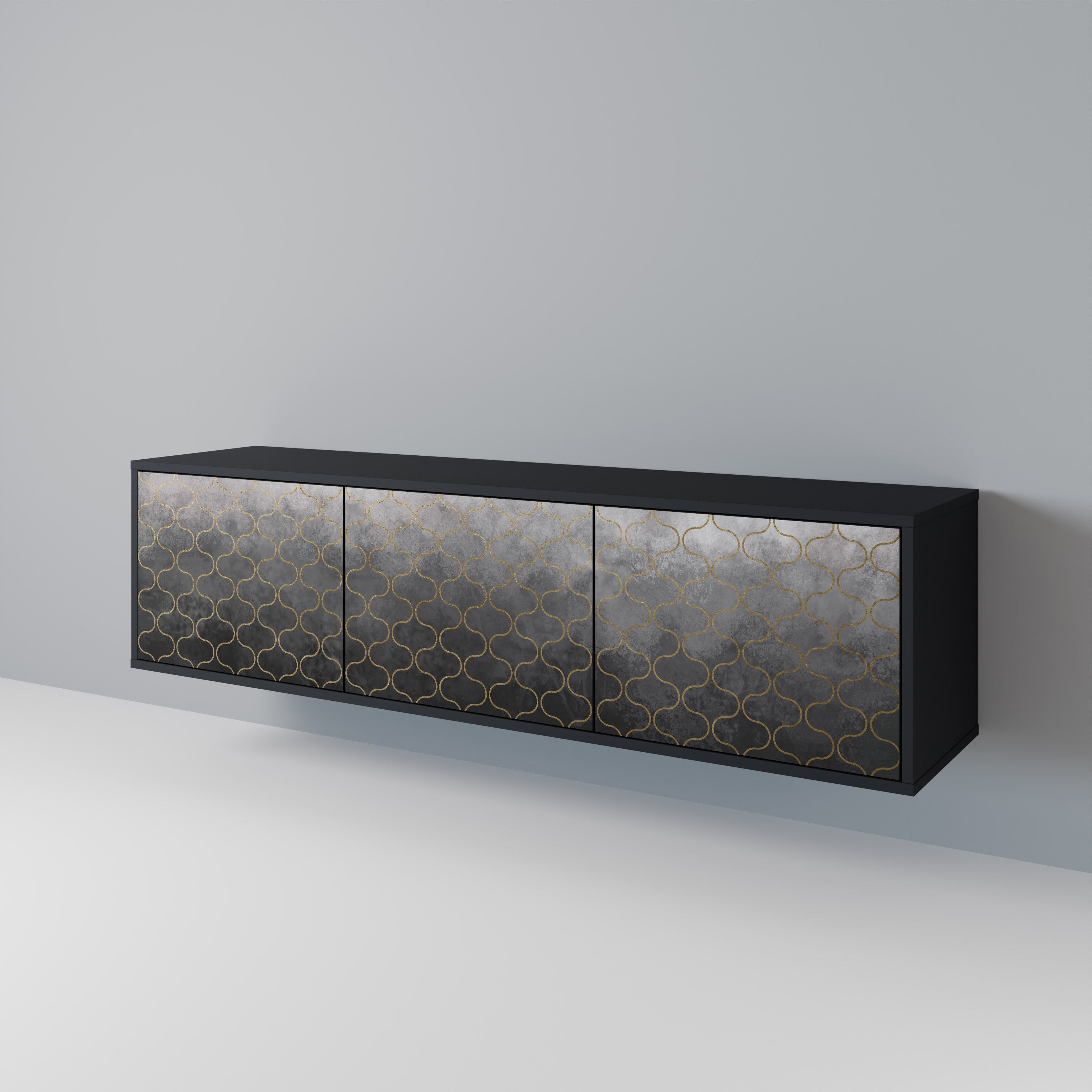 TESSELATED GRAYISH 3-Door TV Stand in Black Finish