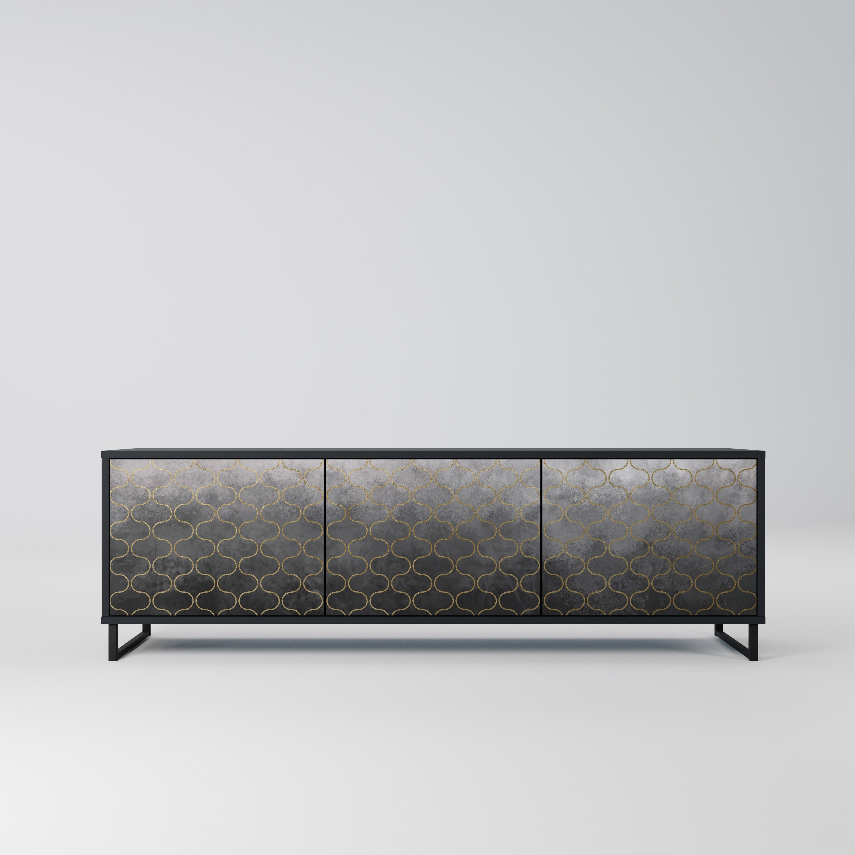 TESSELATED GRAYISH 3-Door TV Stand in Black Finish