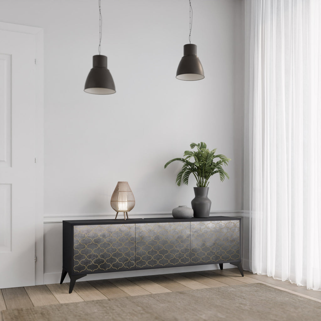 TESSELATED GRAYISH 3-Door TV Stand in Black Finish