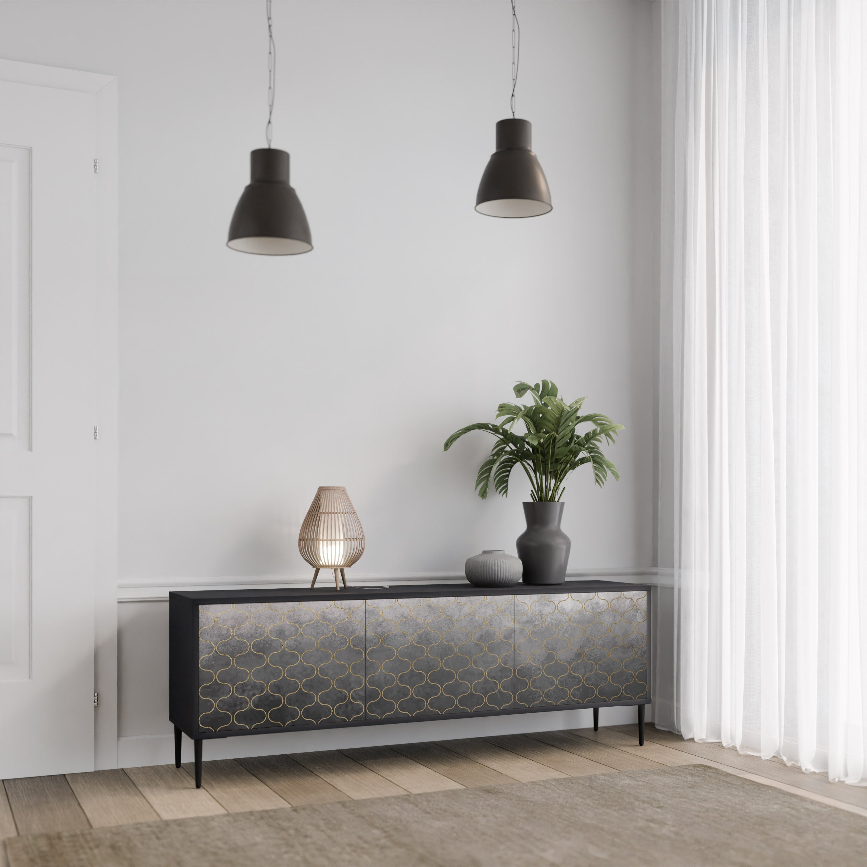 TESSELATED GRAYISH 3-Door TV Stand in Black Finish