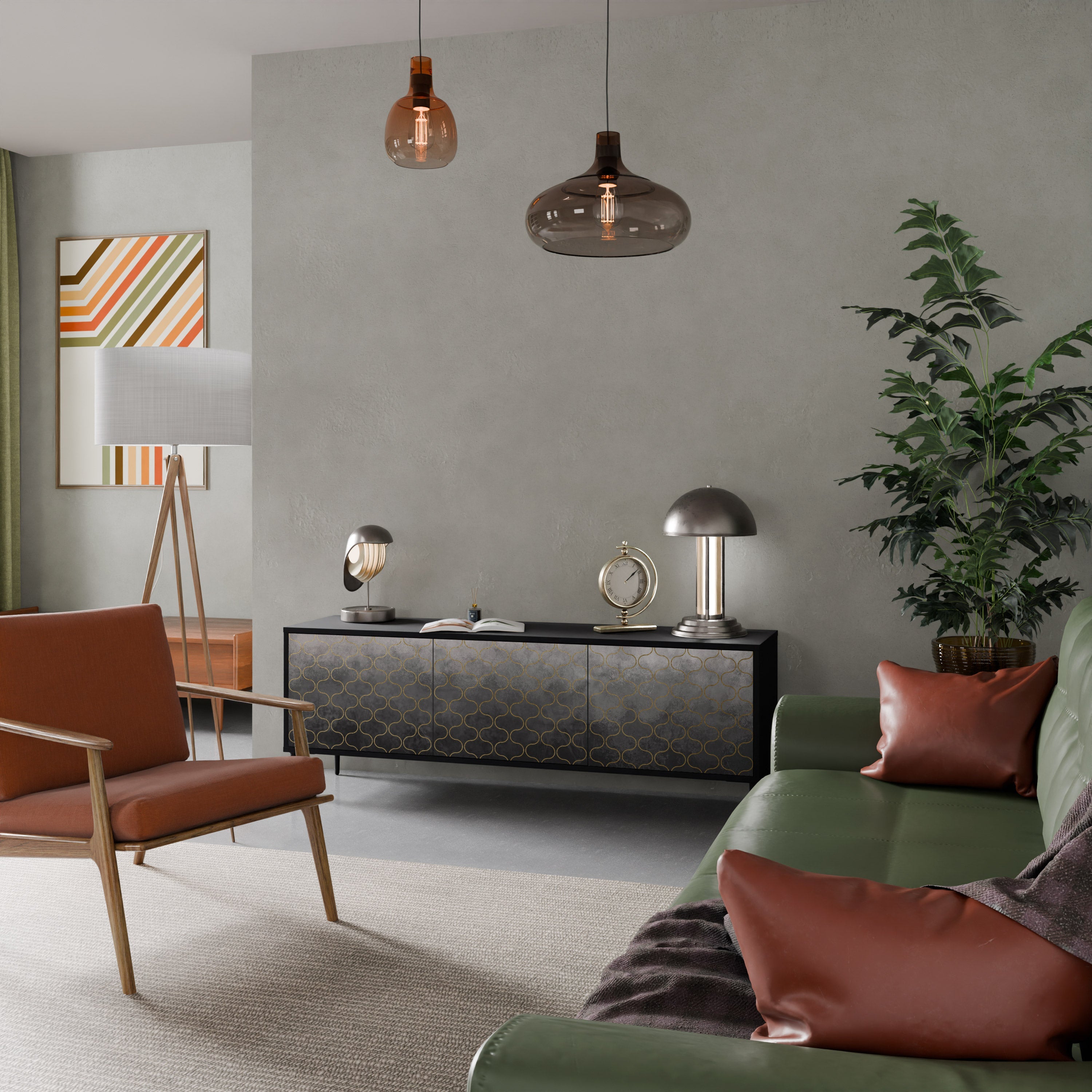 TESSELATED GRAYISH 3-Door TV Stand in Black Finish