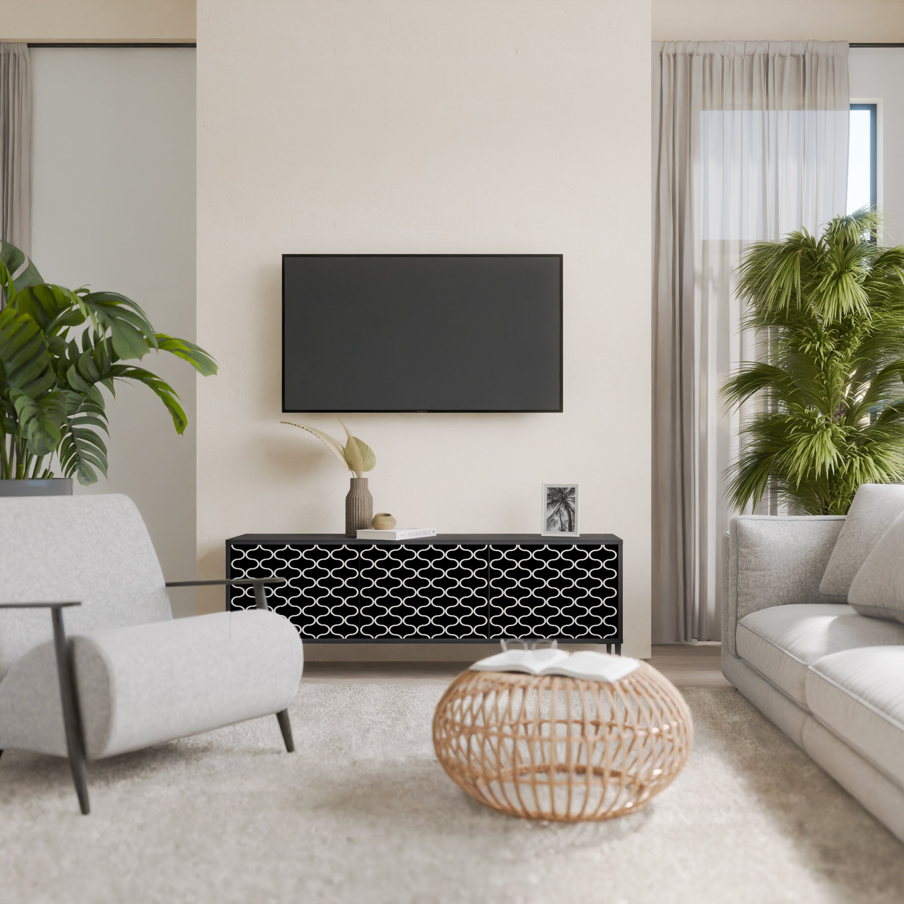 TESSELATED BLACKNESS 3-Door TV Stand in Black Finish