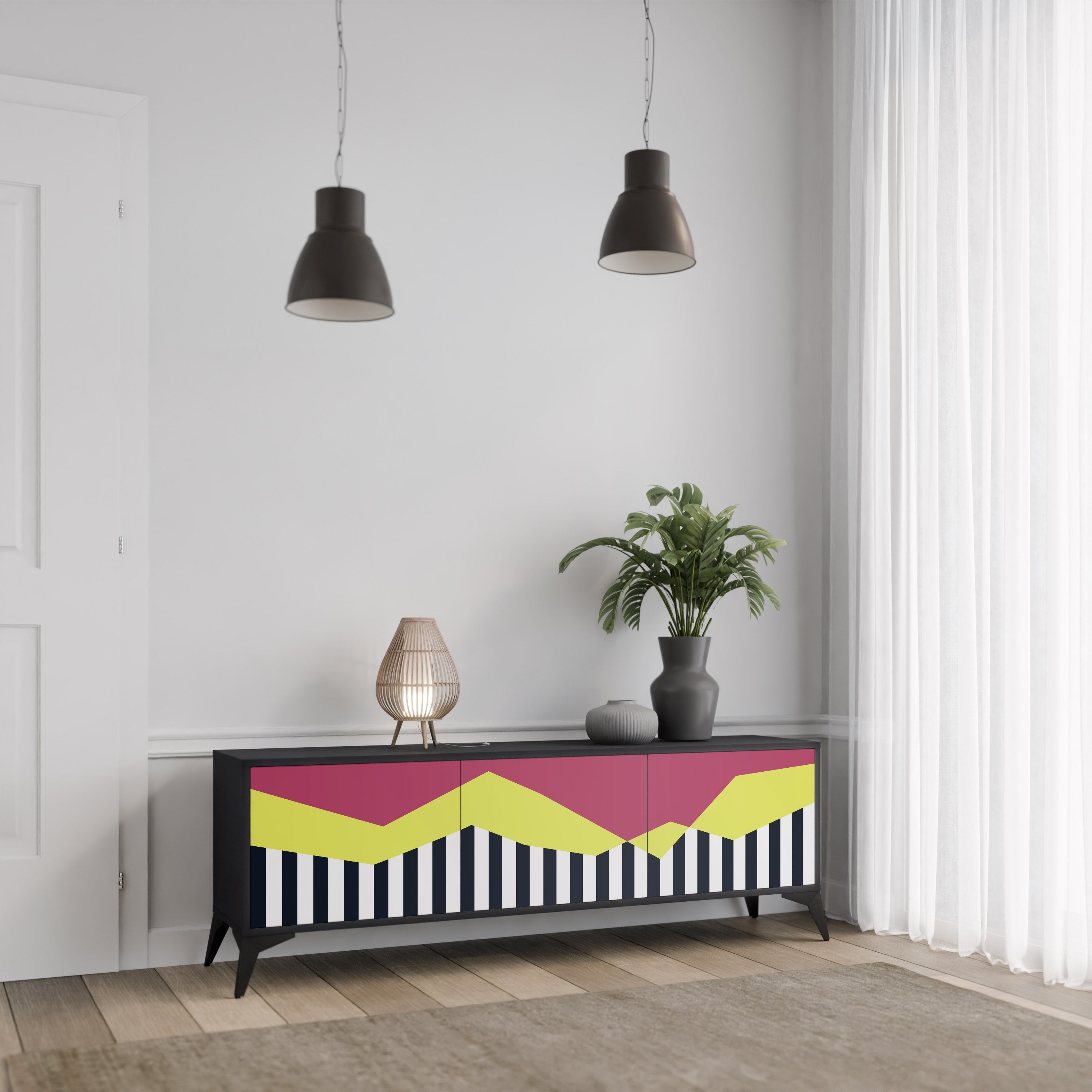 PIANO FANTASY 3-Door TV Stand in Black Finish