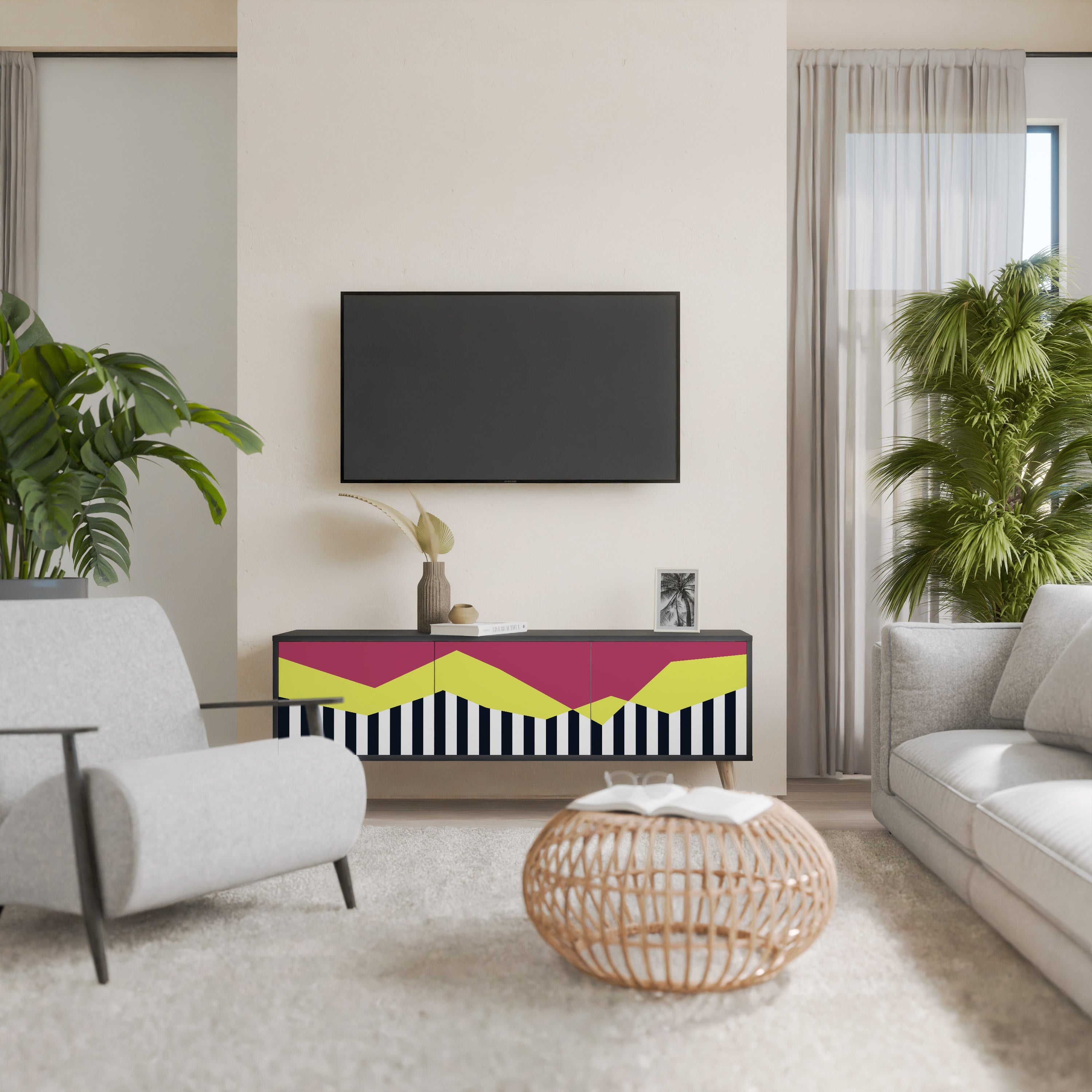 PIANO FANTASY 3-Door TV Stand in Black Finish