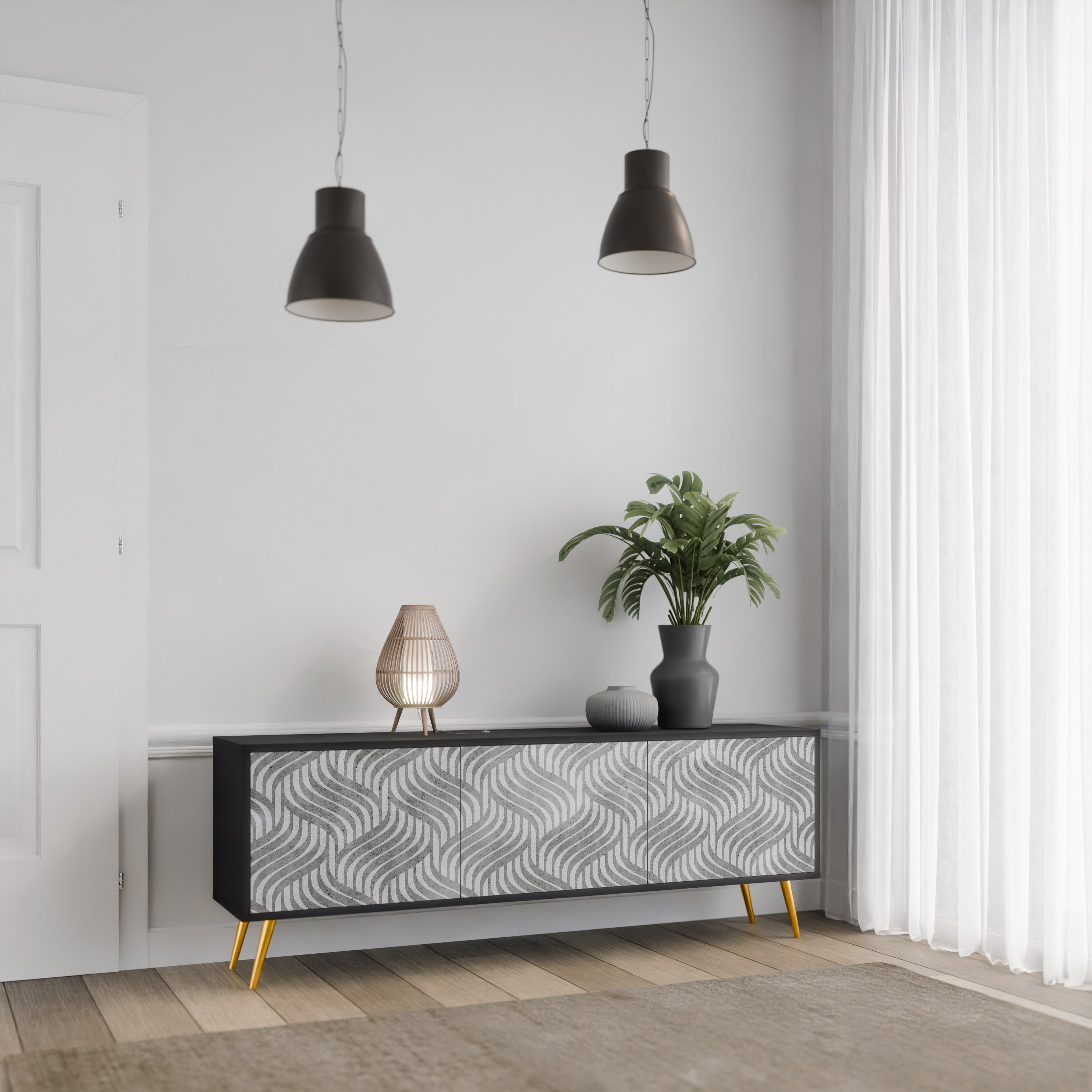 CONCRETE MOVEMENT 3-Door TV Stand in Black Finish