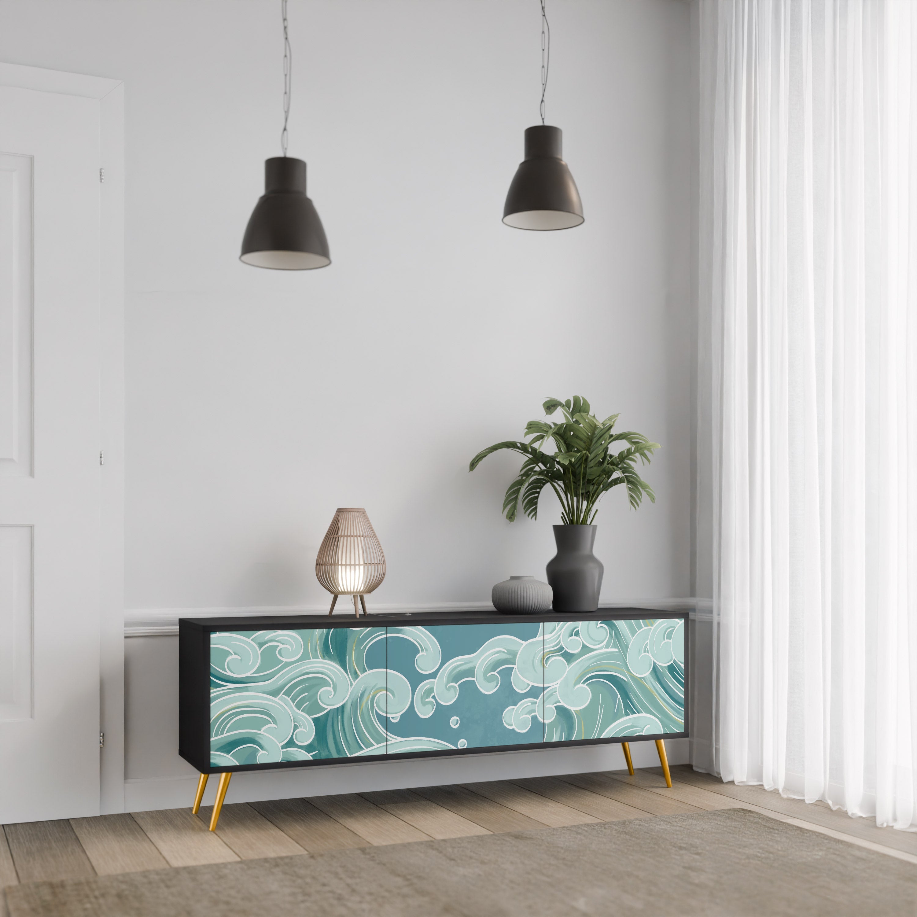 ASIAN SWAY 3-Door TV Stand in Black Finish