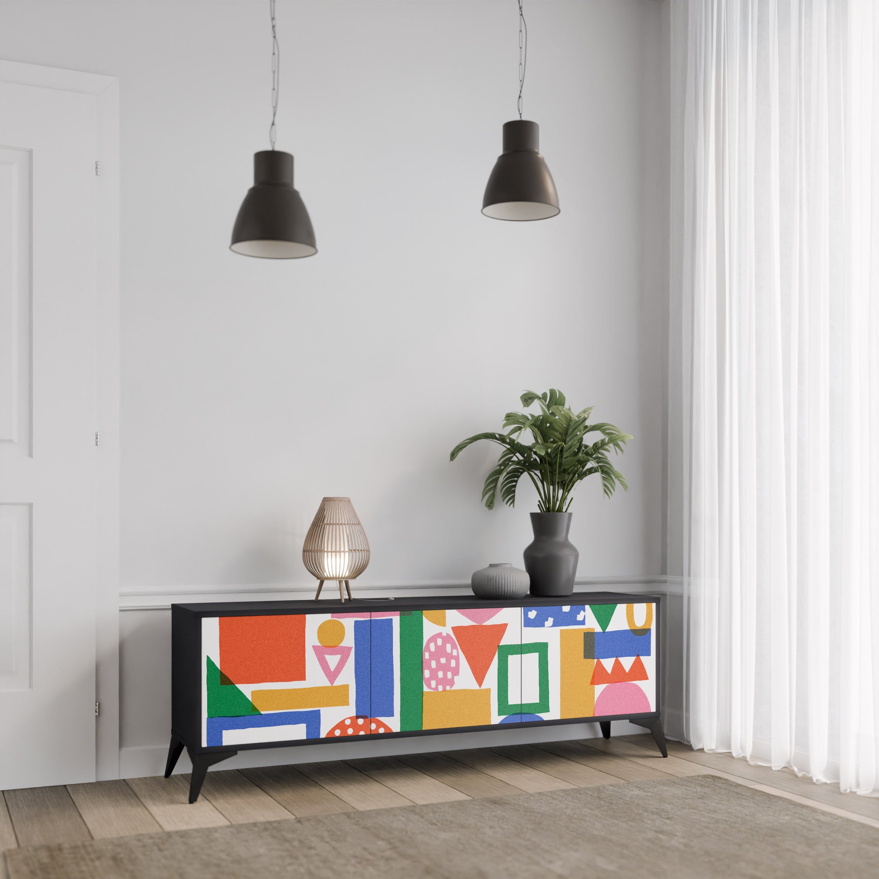 Meuble TV 3 portes GEOMETRIC GLIMMER en finition noire