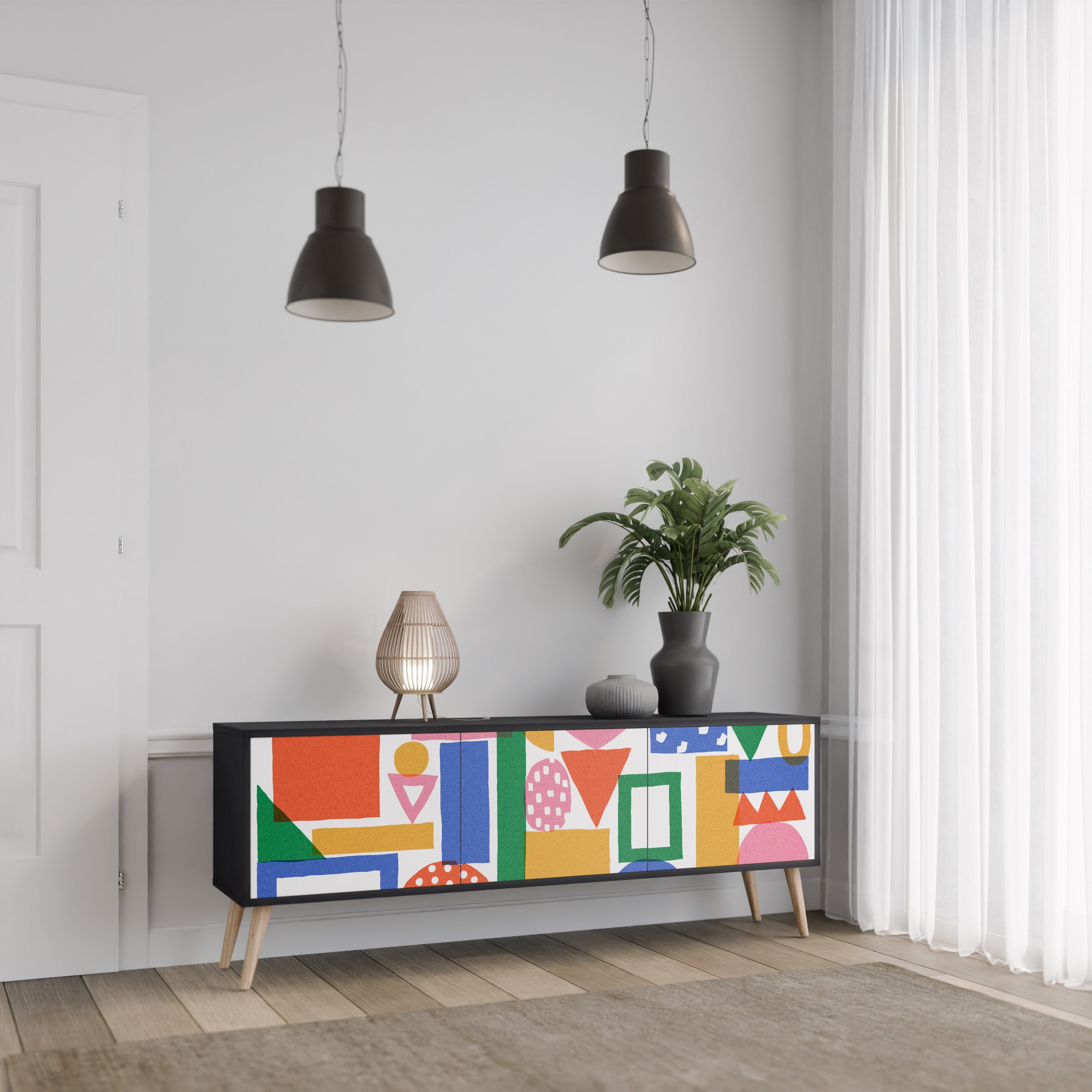 Meuble TV 3 portes GEOMETRIC GLIMMER en finition noire