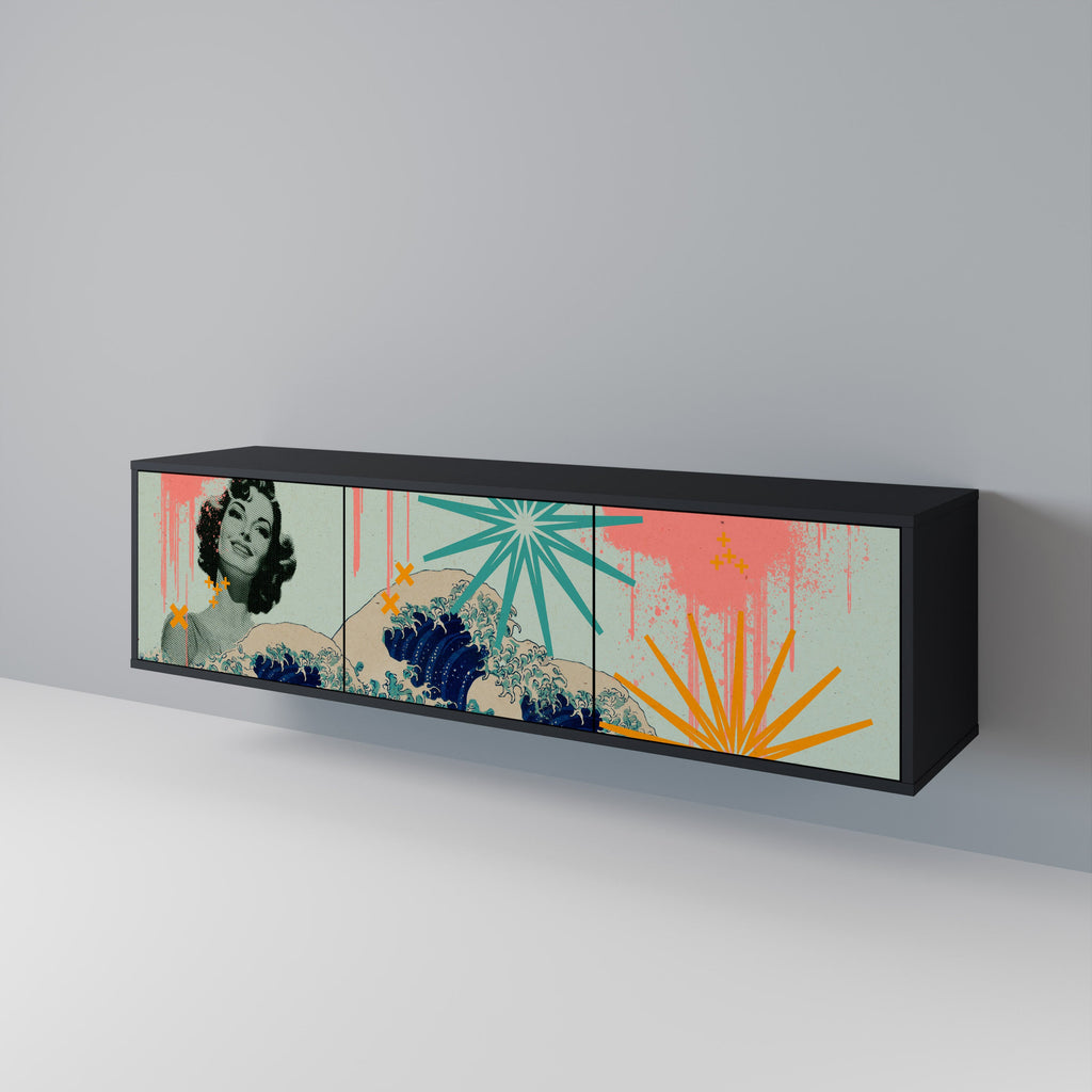 KANAGAWA BEAUTY 3-Door TV Stand in Black Finish