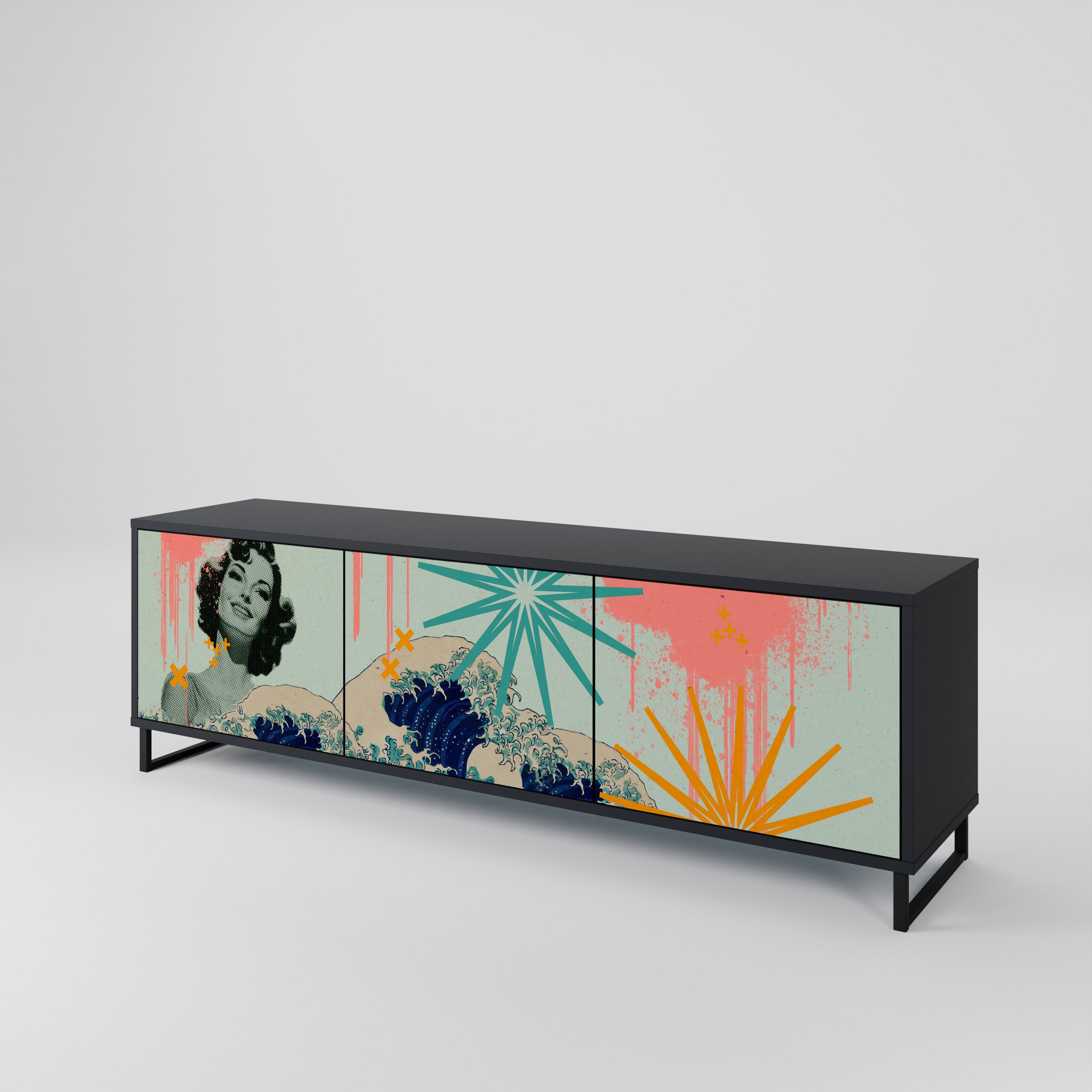 Meuble TV 3 portes KANAGAWA BEAUTY, finition noire