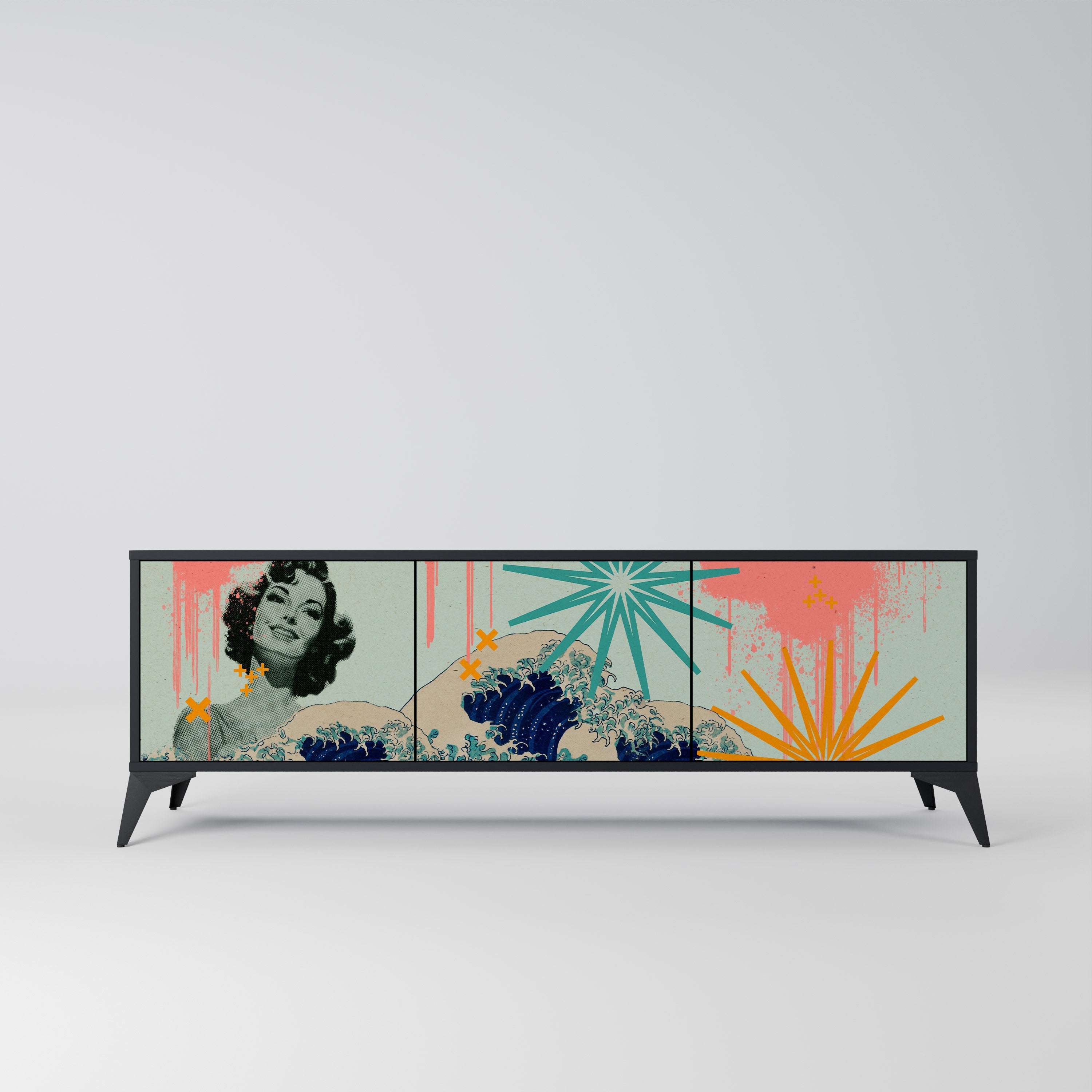 Meuble TV 3 portes KANAGAWA BEAUTY, finition noire