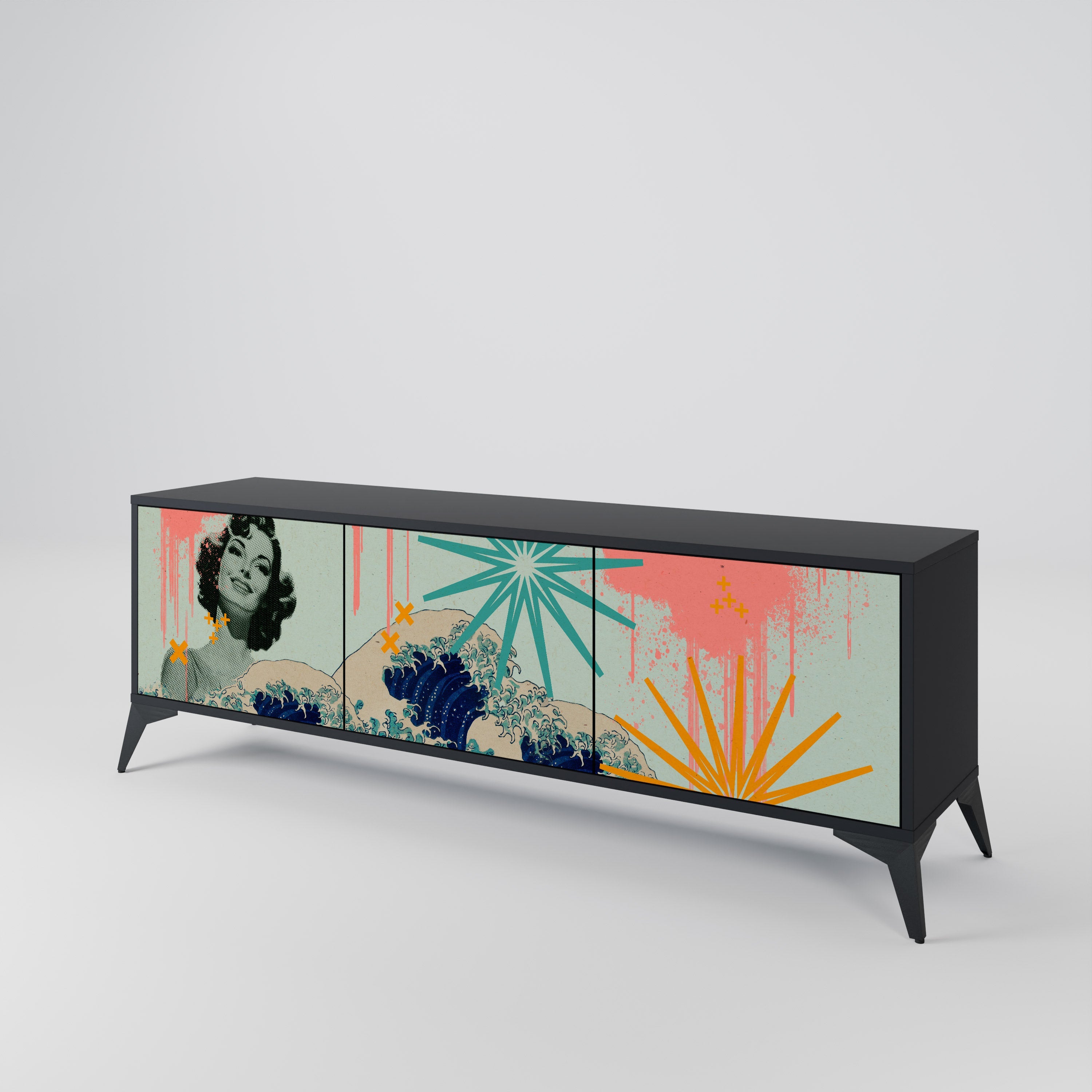 Meuble TV 3 portes KANAGAWA BEAUTY, finition noire