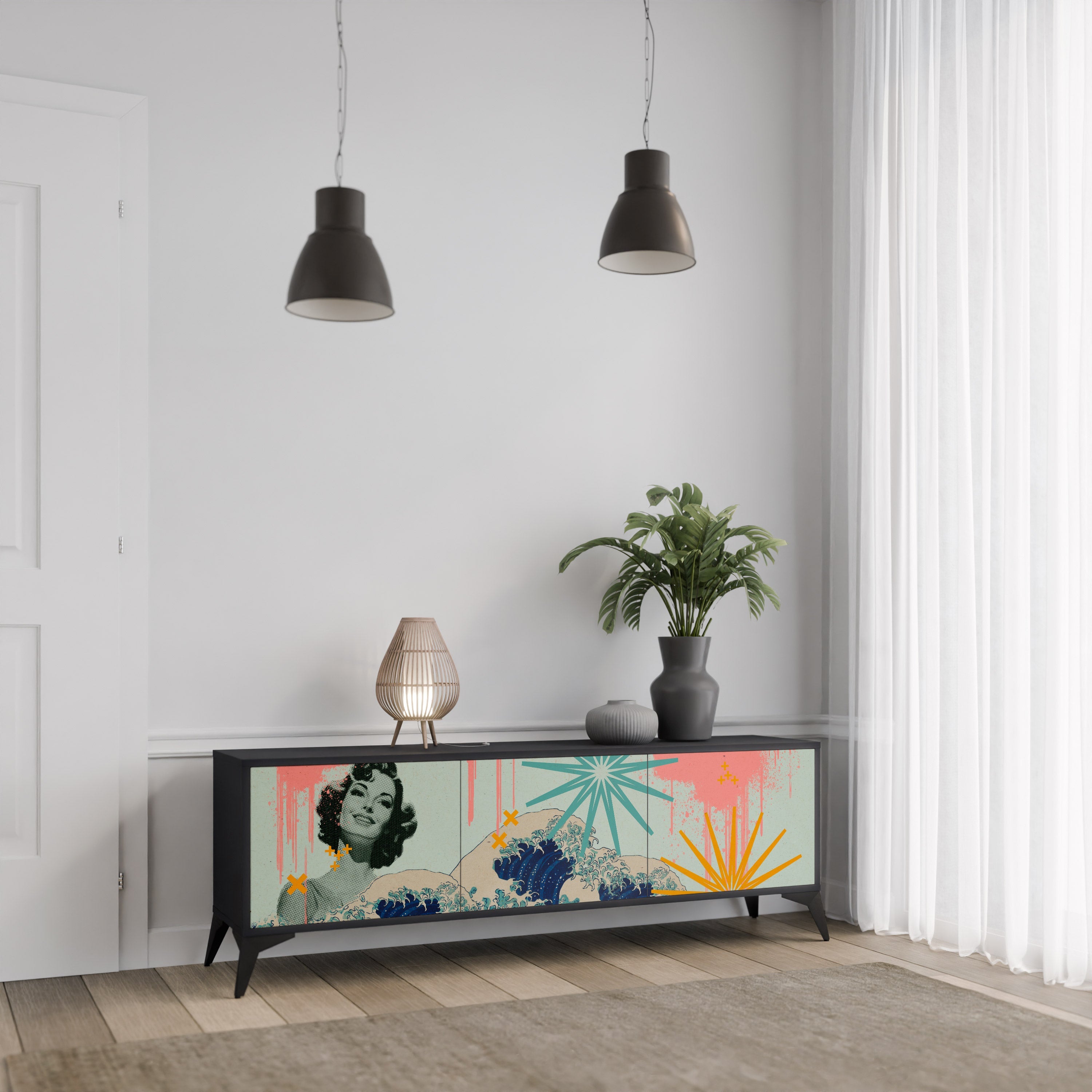 Meuble TV 3 portes KANAGAWA BEAUTY, finition noire