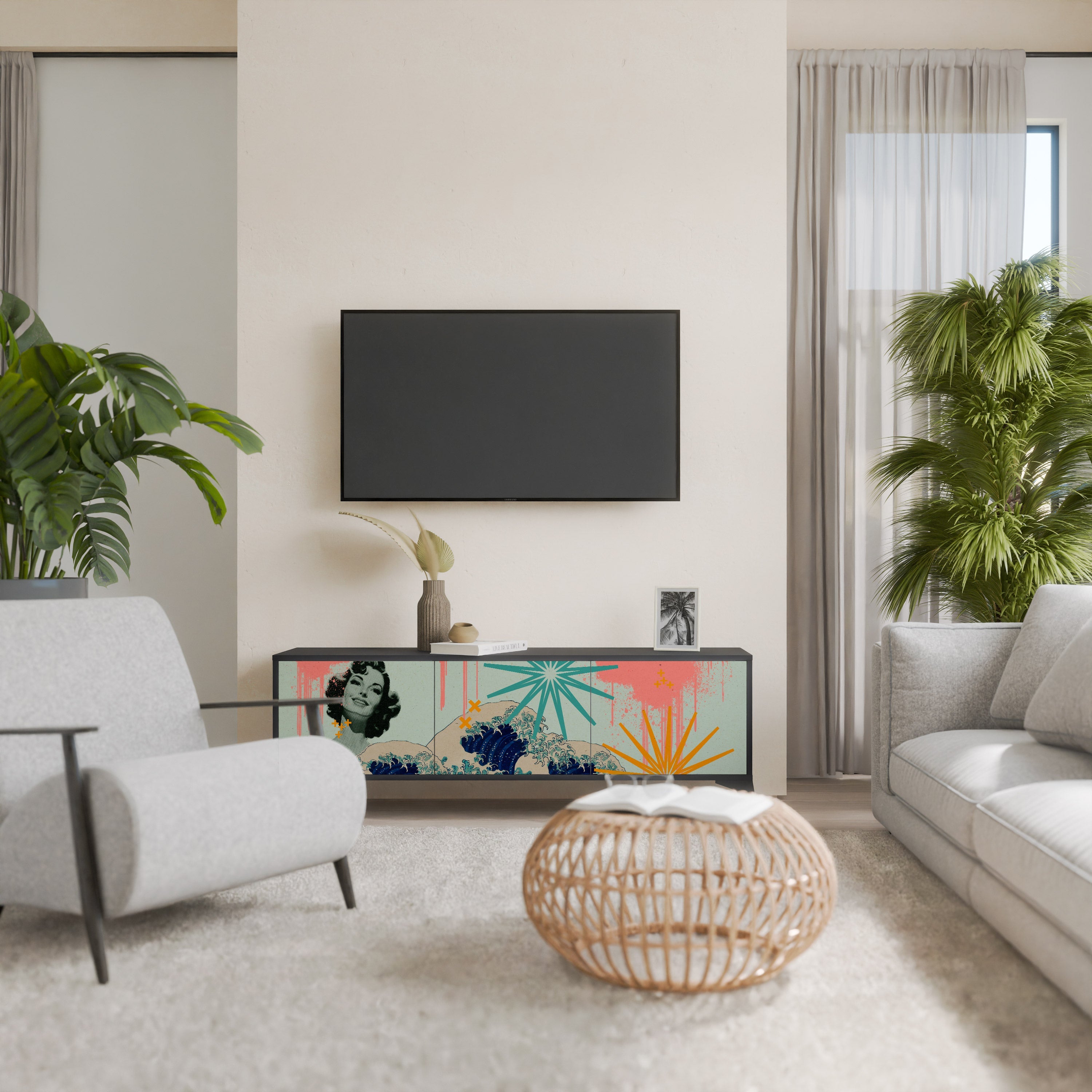 Meuble TV 3 portes KANAGAWA BEAUTY, finition noire