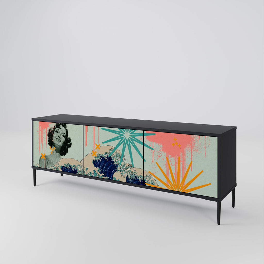 KANAGAWA BEAUTY 3-Door TV Stand in Black Finish