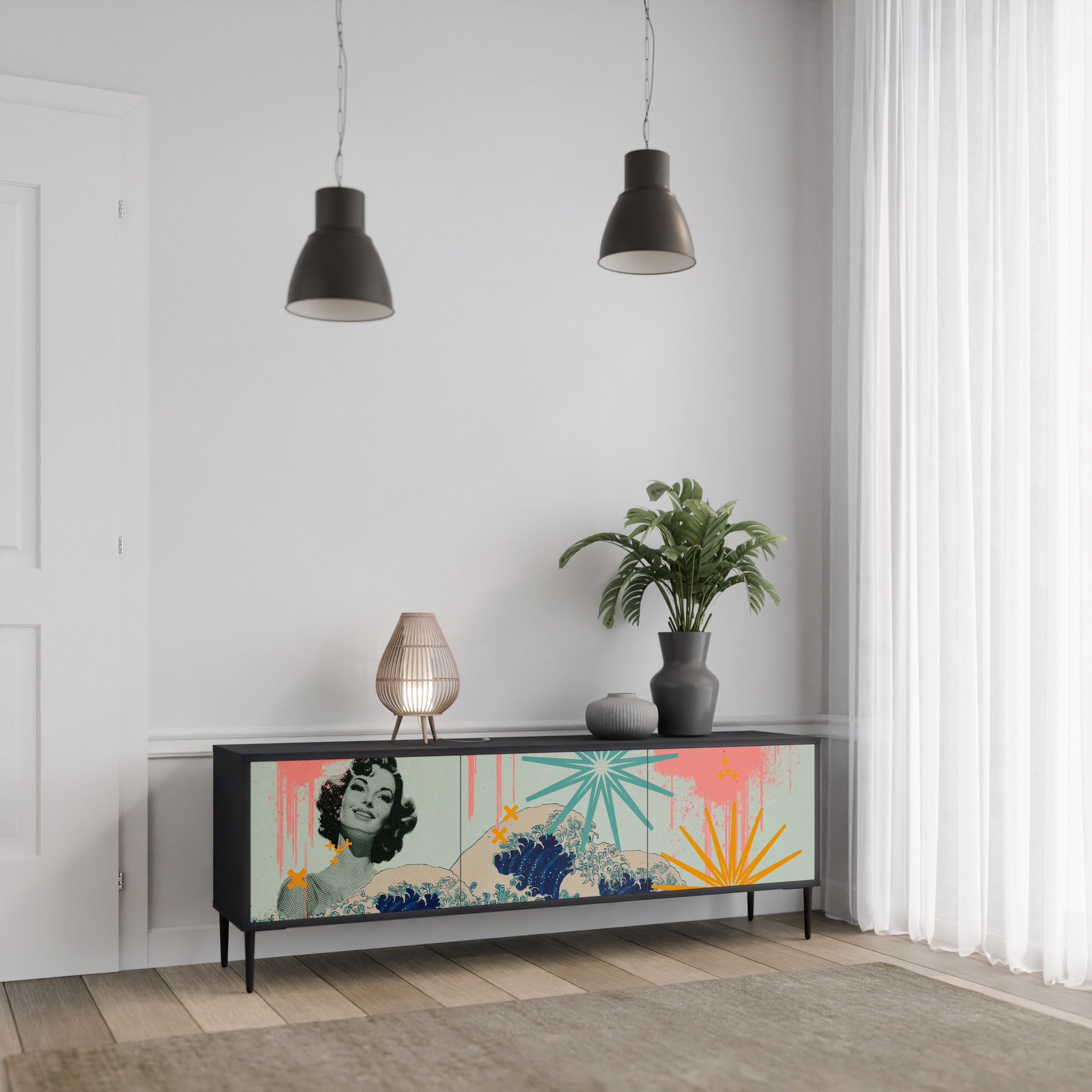 Meuble TV 3 portes KANAGAWA BEAUTY, finition noire