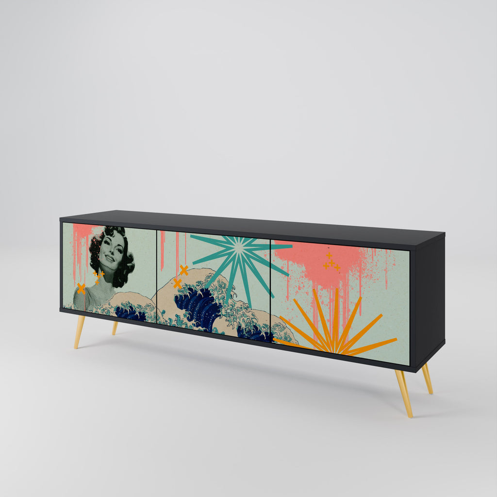 KANAGAWA BEAUTY 3-Door TV Stand in Black Finish