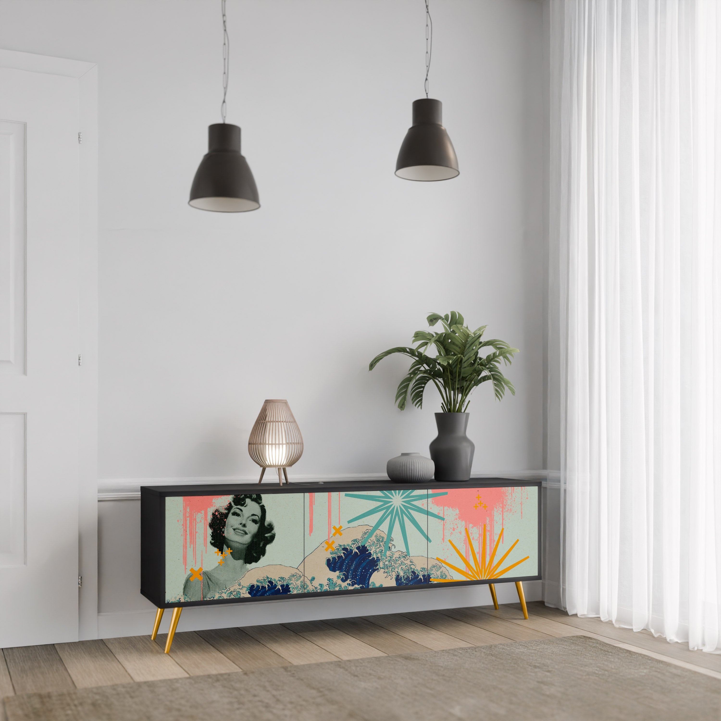 Meuble TV 3 portes KANAGAWA BEAUTY, finition noire