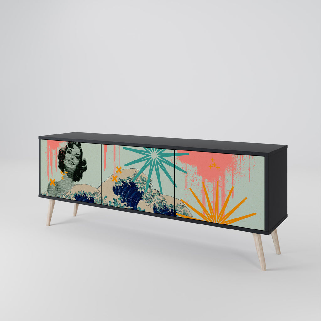 KANAGAWA BEAUTY 3-Door TV Stand in Black Finish