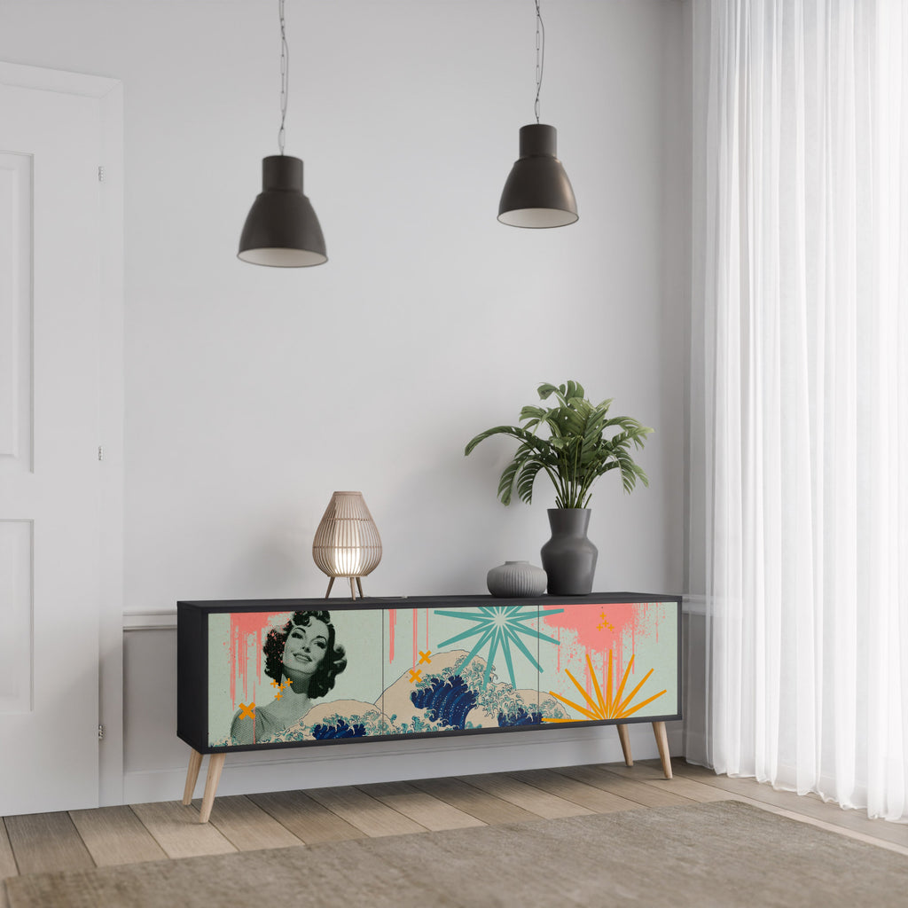 KANAGAWA BEAUTY 3-Door TV Stand in Black Finish