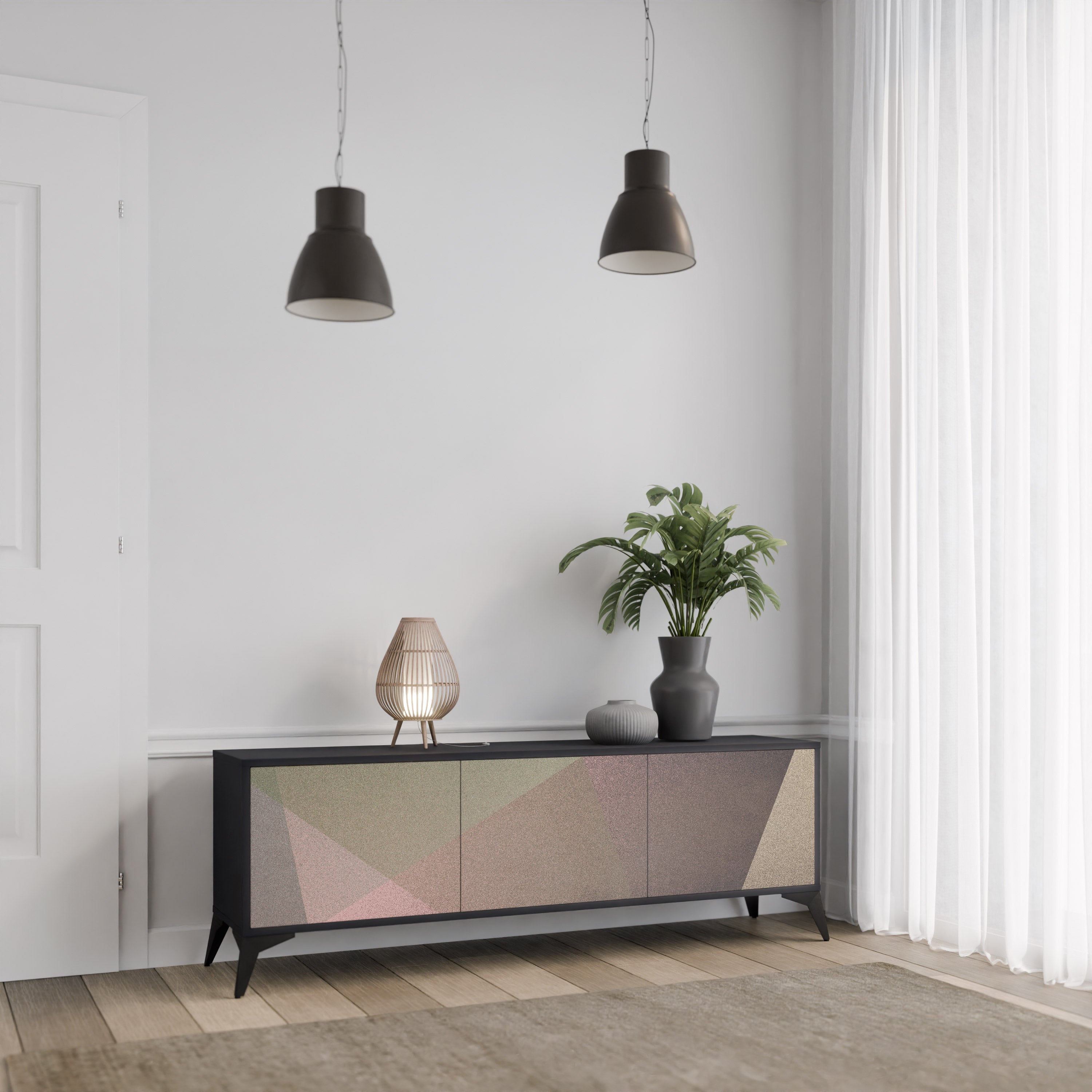 Meuble TV 3 portes BEIGE GEOMETRY, finition noire