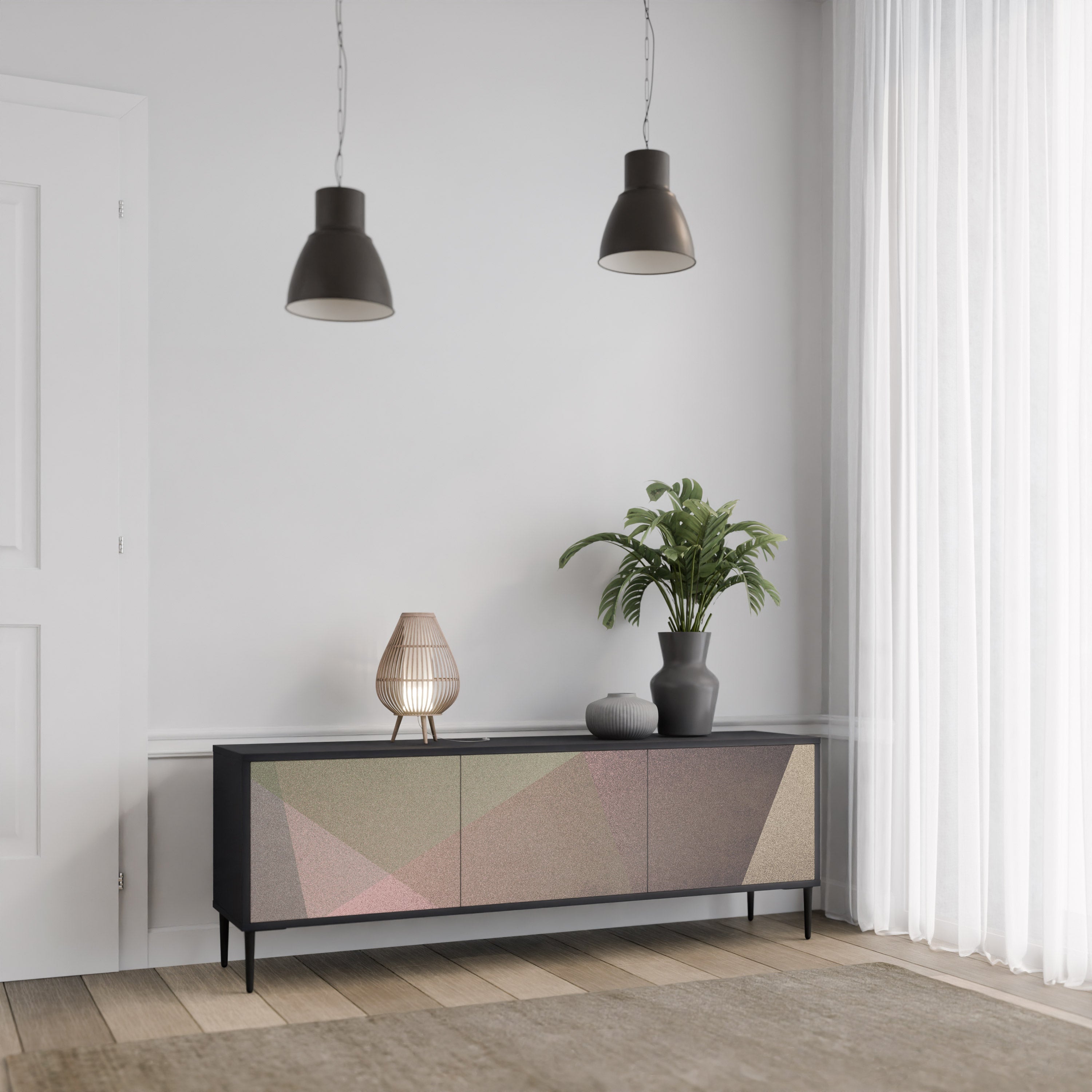 Meuble TV 3 portes BEIGE GEOMETRY, finition noire