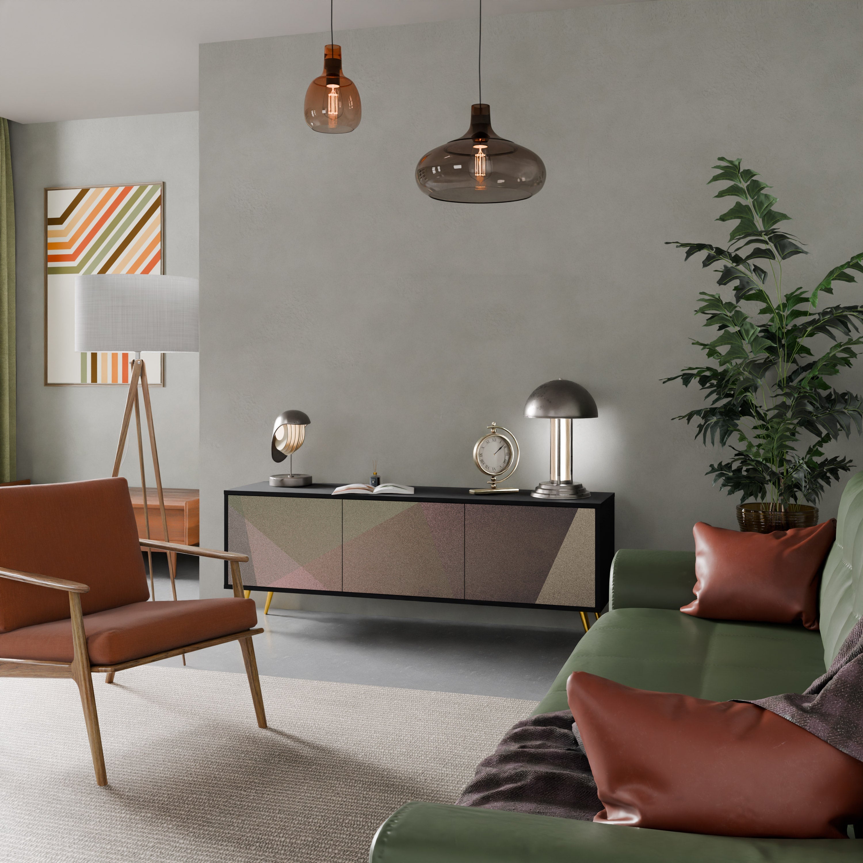 Meuble TV 3 portes BEIGE GEOMETRY, finition noire