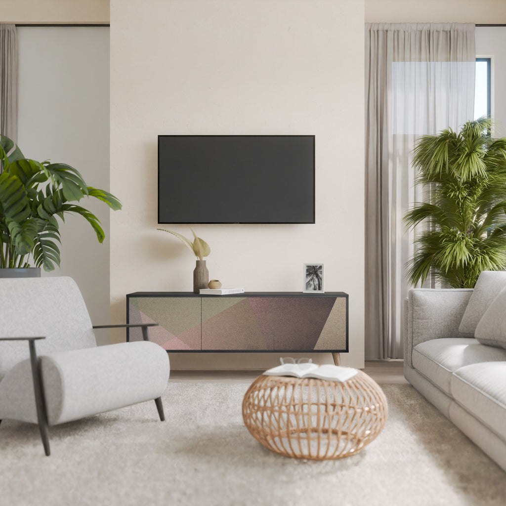 Meuble TV 3 portes BEIGE GEOMETRY, finition noire