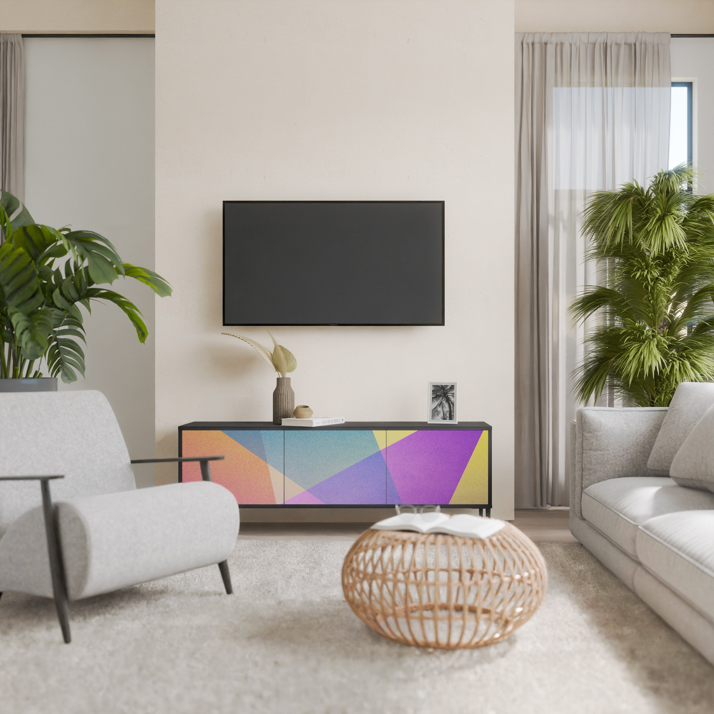 Meuble TV 3 portes BRIGHT GEOMETRY en finition noire