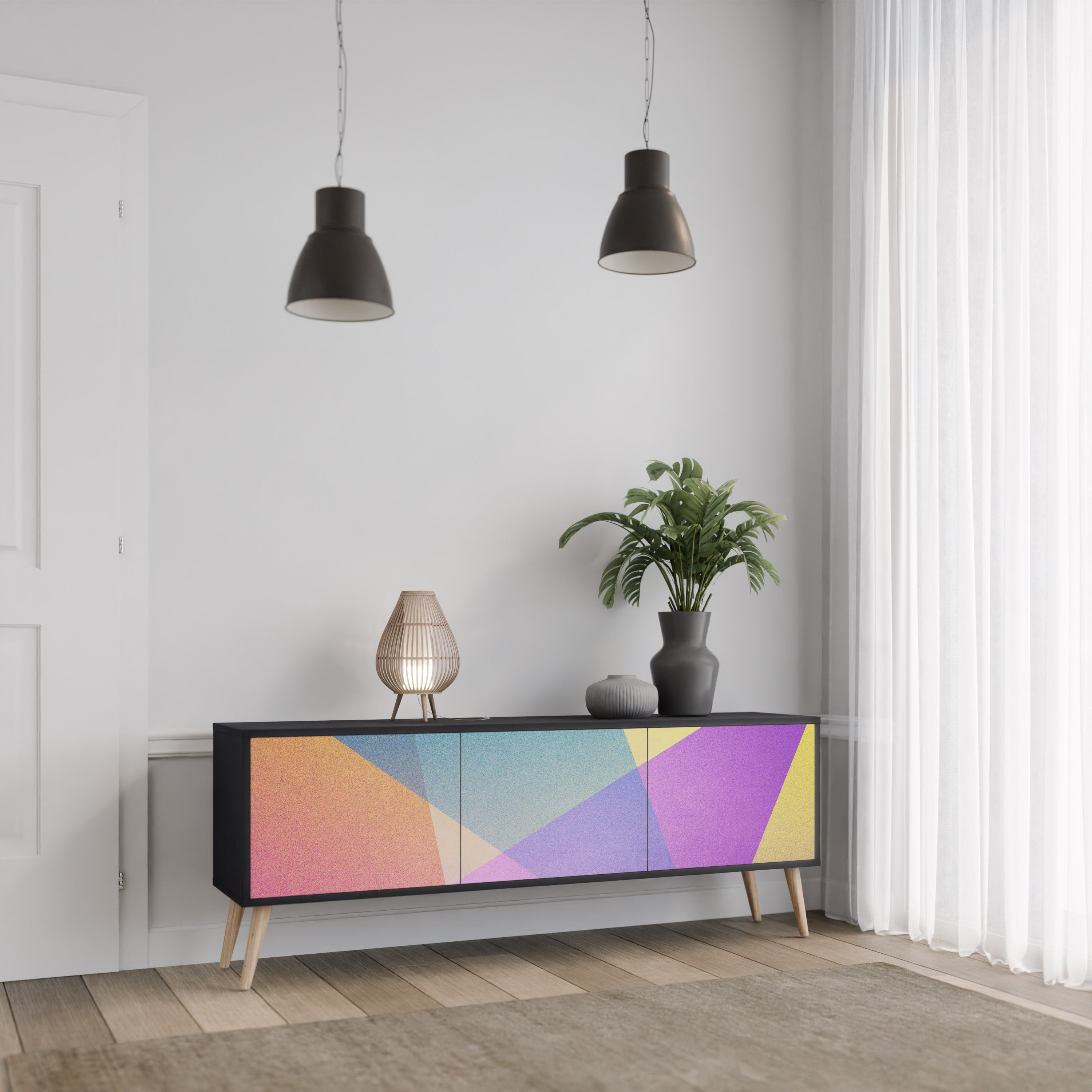 Meuble TV 3 portes BRIGHT GEOMETRY en finition noire